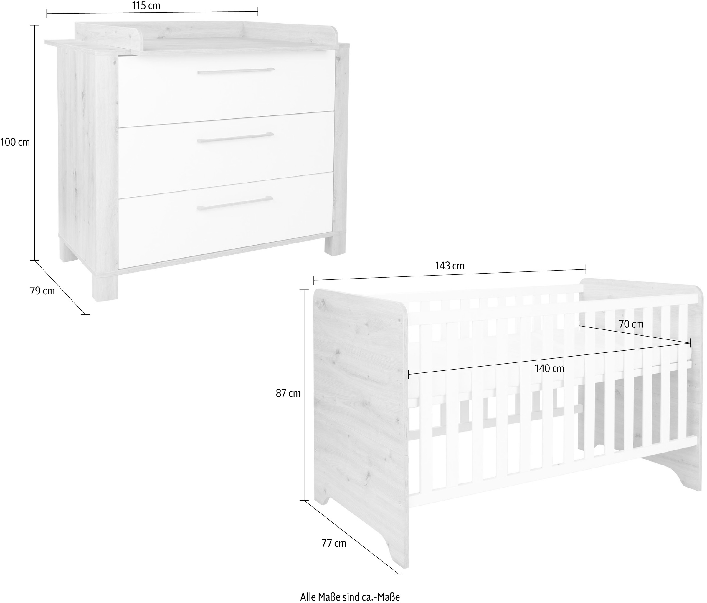 arthur berndt Babymöbel-Set »Babyzimmer Set »Marlon« 2-teilig«, (Spar-Set, 2 tlg., Kinderbett und Wickelkommode)