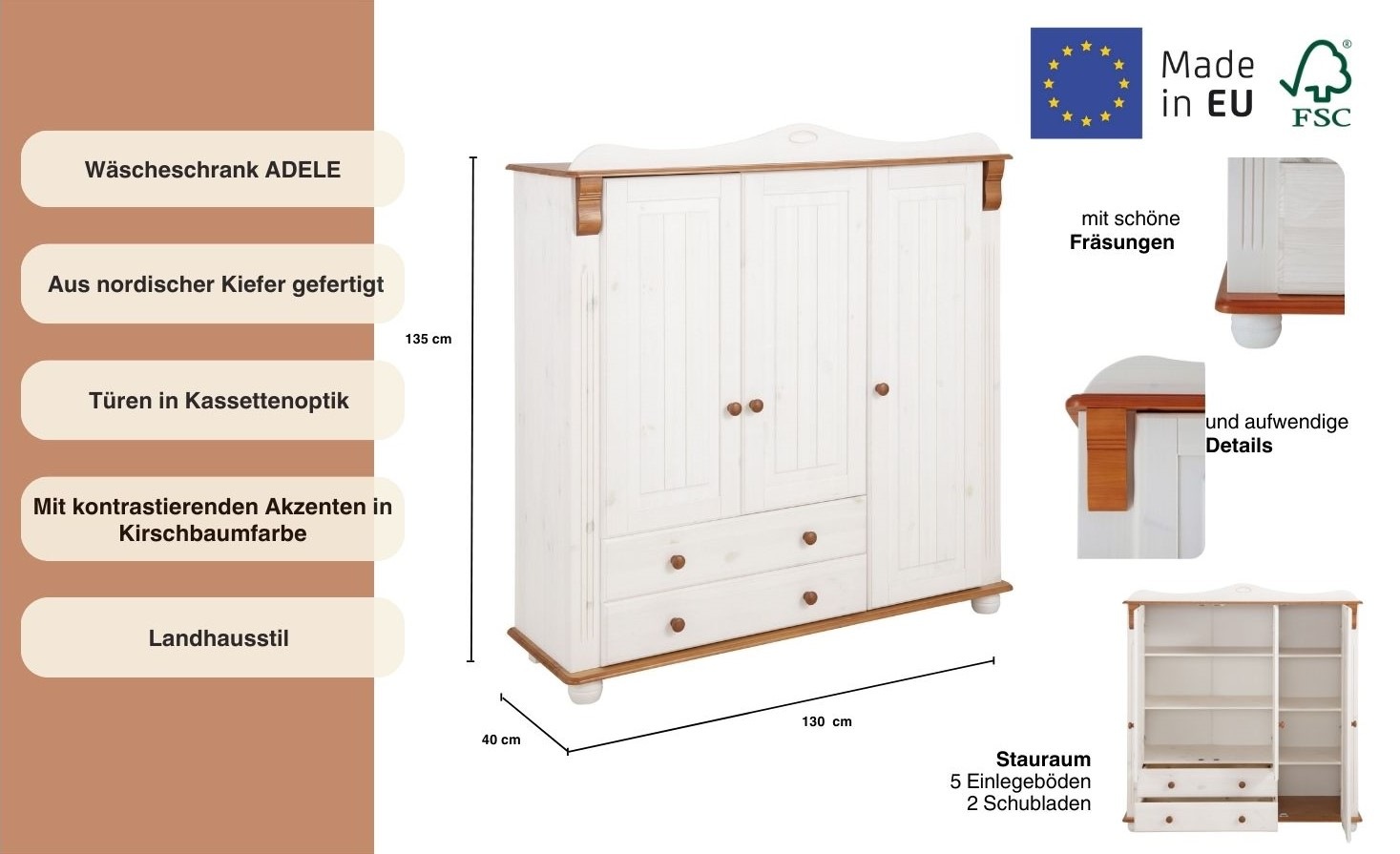 Thumbnail - Home affaire Wäscheschrank "Adele, Mehrzweckschrank", (2 Breiten: 93/130 cm H/T ca. 135/40 cm), aus massiver Kiefer, 2-o...