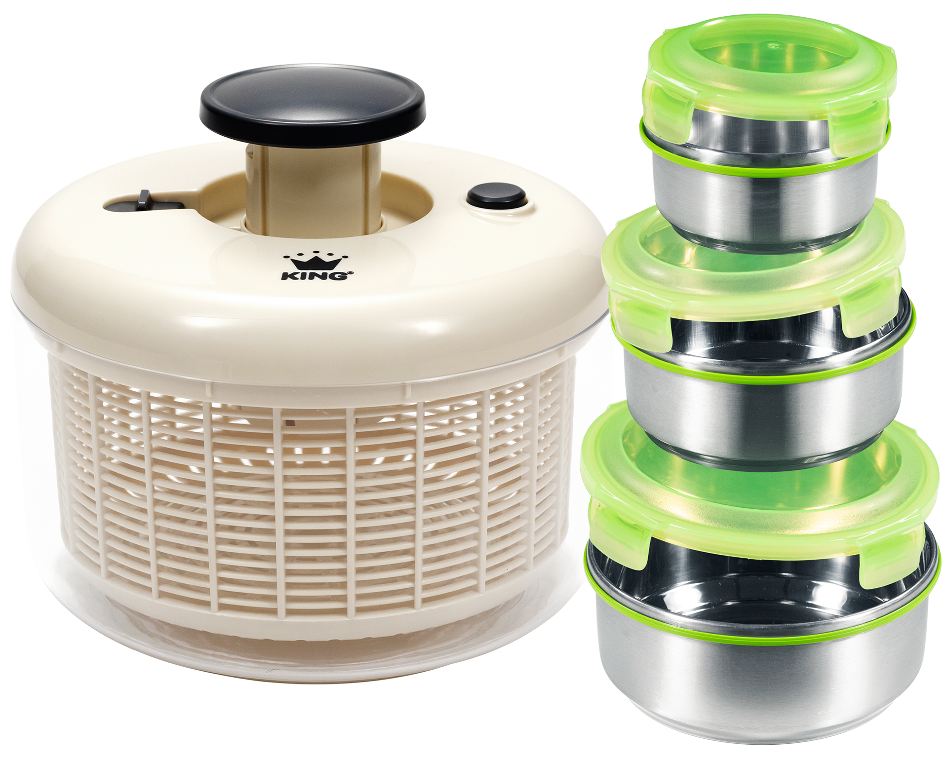 KING Salatschleuder "Salatschleuder" Pumpmechanik, 4.2 L Behälter, 3.2 L Korb, Frischhalteset aus Edelstahl
