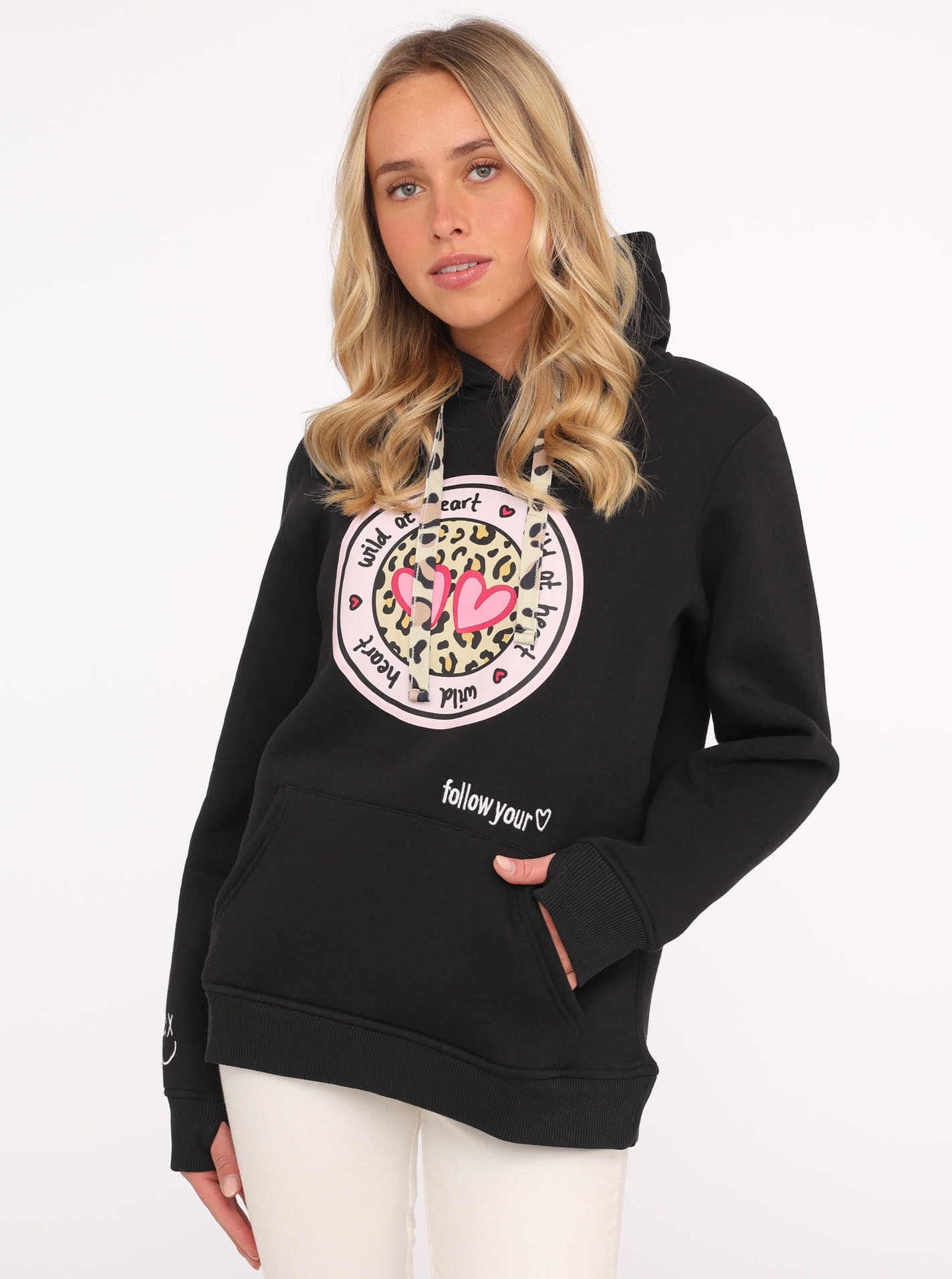 Zwillingsherz Hoodie, Kapuze, Langarm, Kängurutasche, Leo-Details, modisch günstig online kaufen