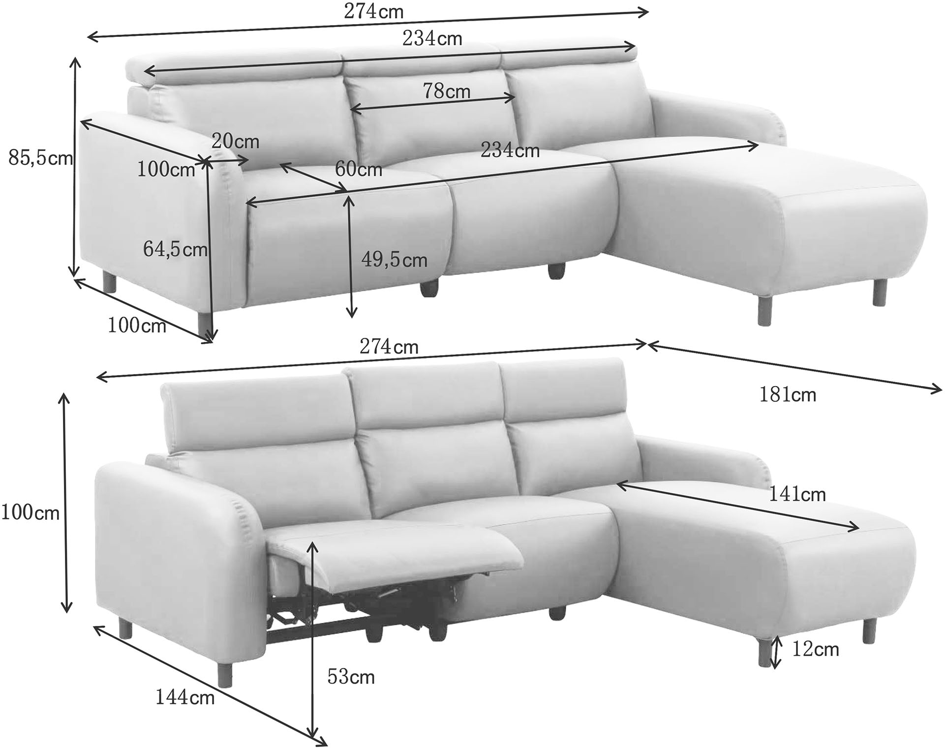 OTTO home Ecksofa »SKAANE Struktur, L-Form, 274 cm, manuelle/elektrische Relaxfunktion,« 274 cm, mit Kopfteilverstellung und man. oder elektr. Relaxfunktion