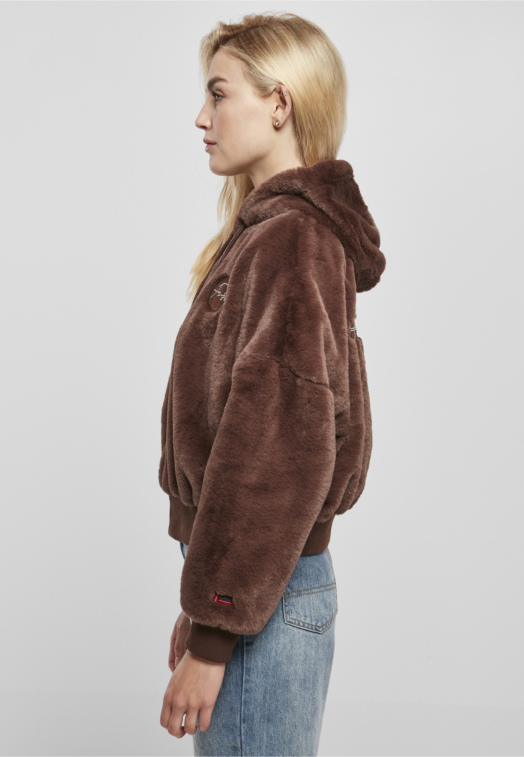 Fubu Collegejacke »Fubu Damen FW224-022-1 Signature Rhinestone Fur Jacket brown« 1 Stk. tlg. mit Kapuze