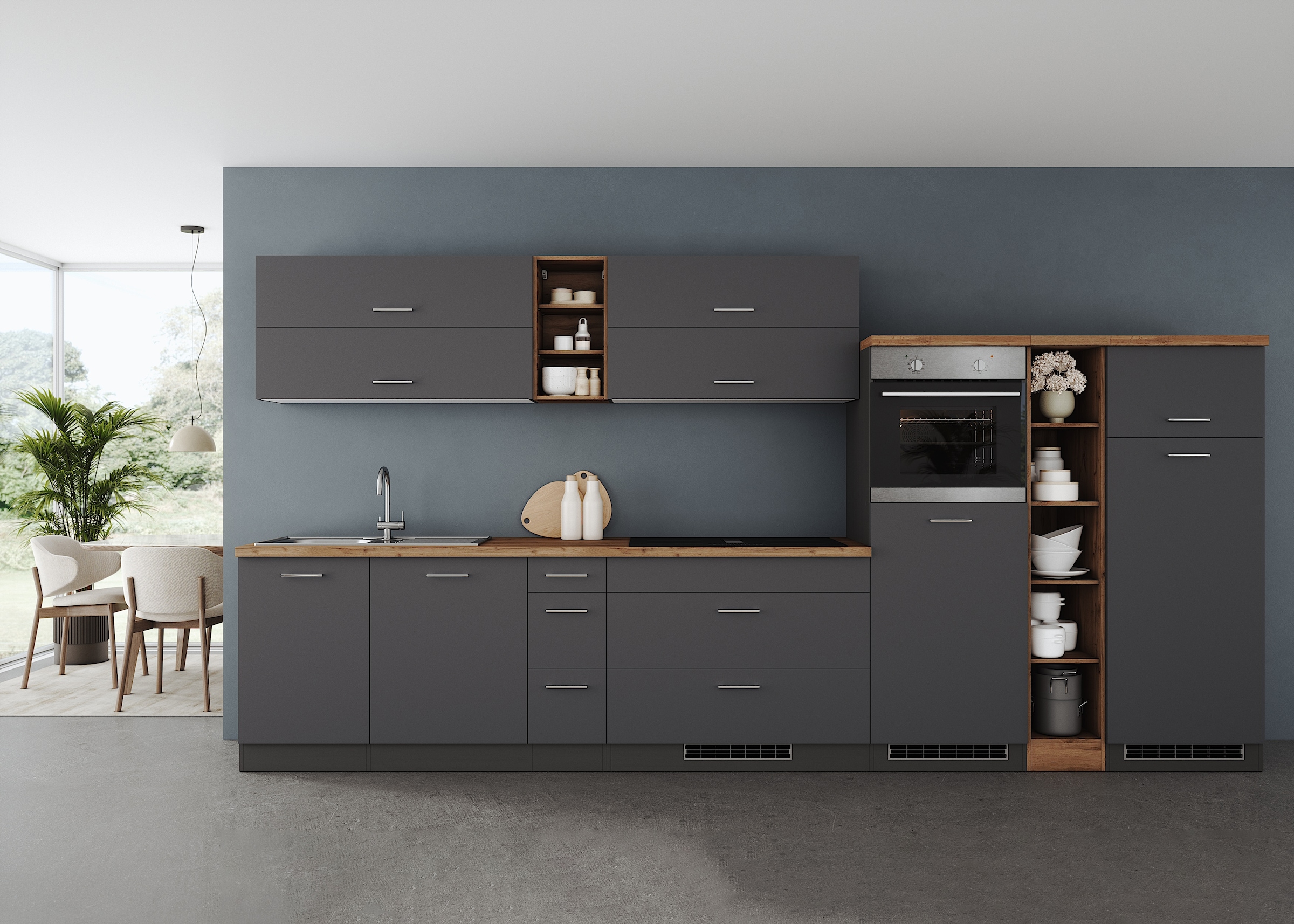 KOCHSTATION Küchenzeile »KS-Milan, optional mit Muldenlüfter« Breite 390 cm, wahlweise mit E-Geräten, Kochfeld mit Dunstabzug