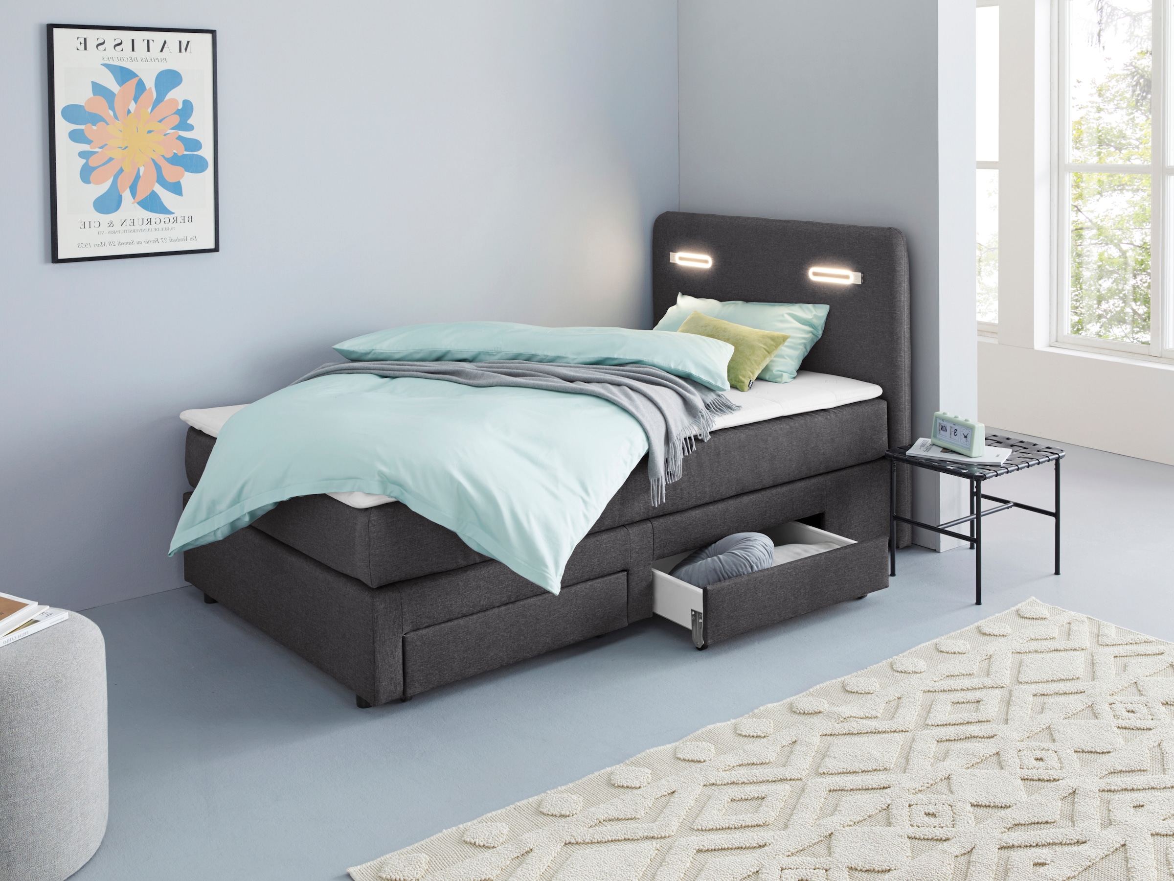 Home affaire Boxbett »Luan« Schubkästen, LED-Beleuchtung und Topper, in Breite 120 cm und 180 cm