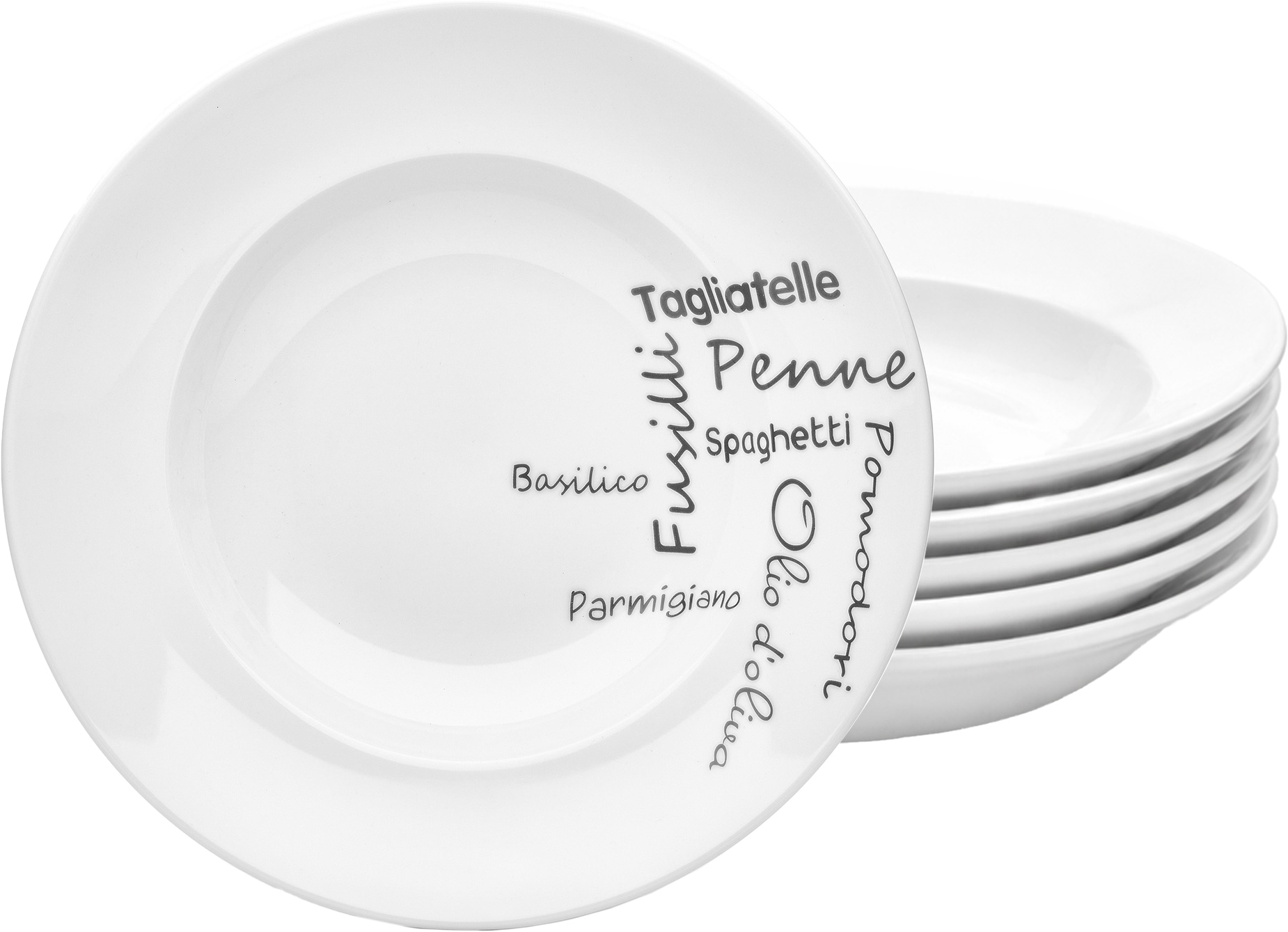 van Well Pastateller "Teller Set, Italia, Teller 27 cm, 6 Stück" Porzellan, Typografie-Design, spülmaschinen-/mikrowellengeeignet