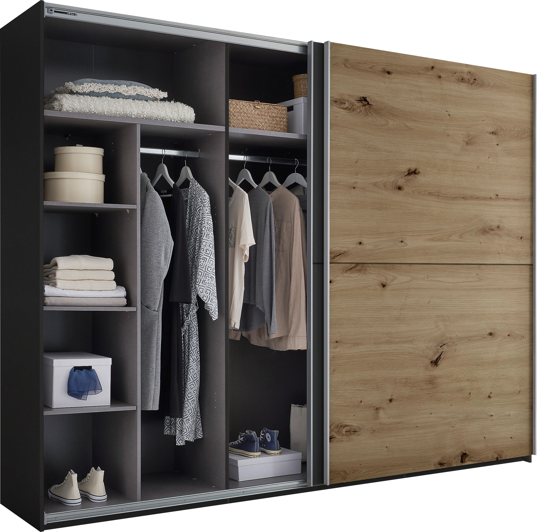 Schlafkontor Schwebetürenschrank »Mesio, 2-türiger Kleiderschrank, Schiebetürenschrank mit viel Stauraum«, inklusive Hoteleinteilungen außen und Einlegeböden oben