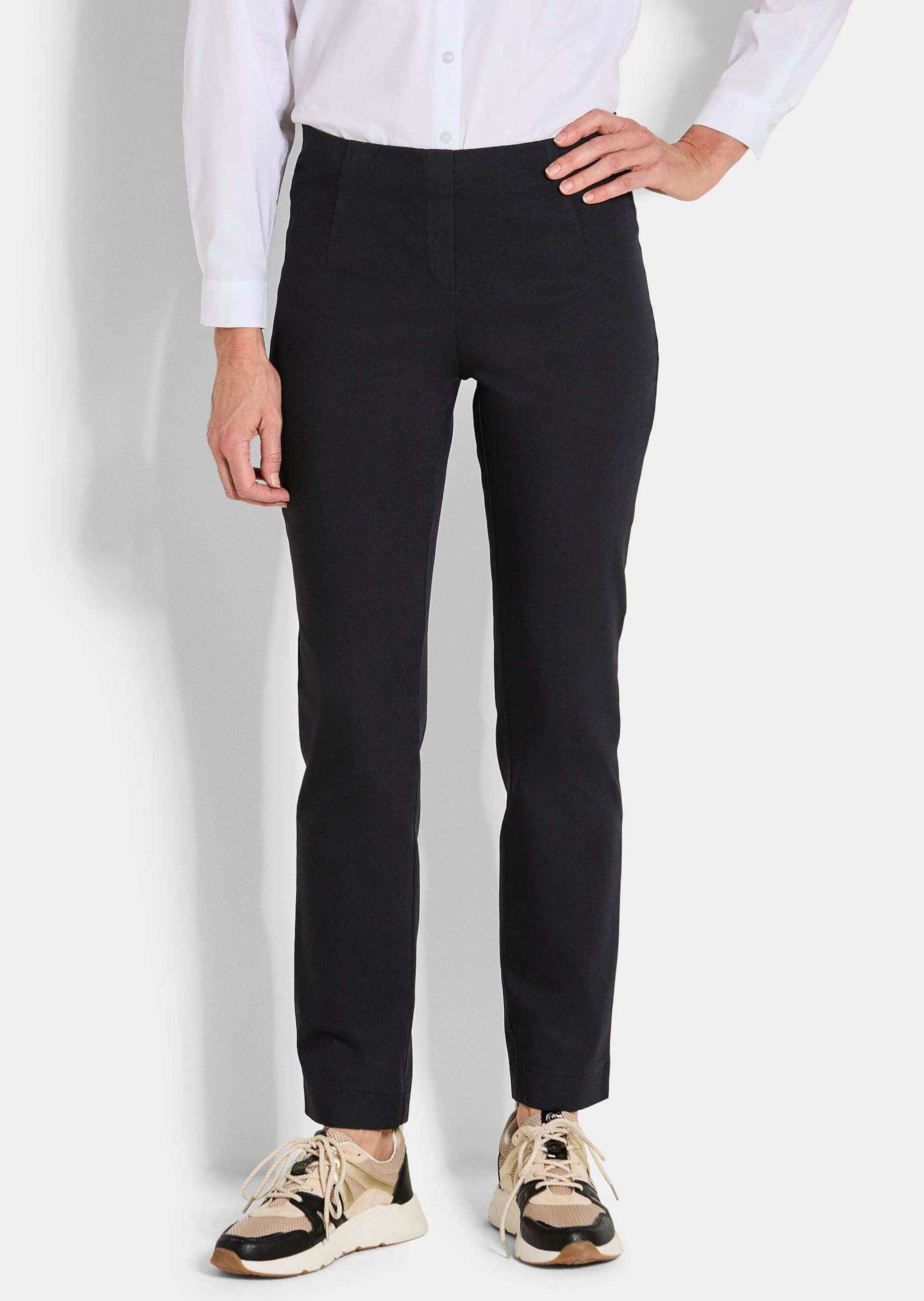 Chinohose GOLDNER "Bengalinhose LOUISA in Denim-Optik", Damen, Gr. 42, N-Gr, schwarz, Obermaterial: 78% Baumwolle CO. 18% Polyester PES. 4% Elasthan EL., Hosen Chinohose 2