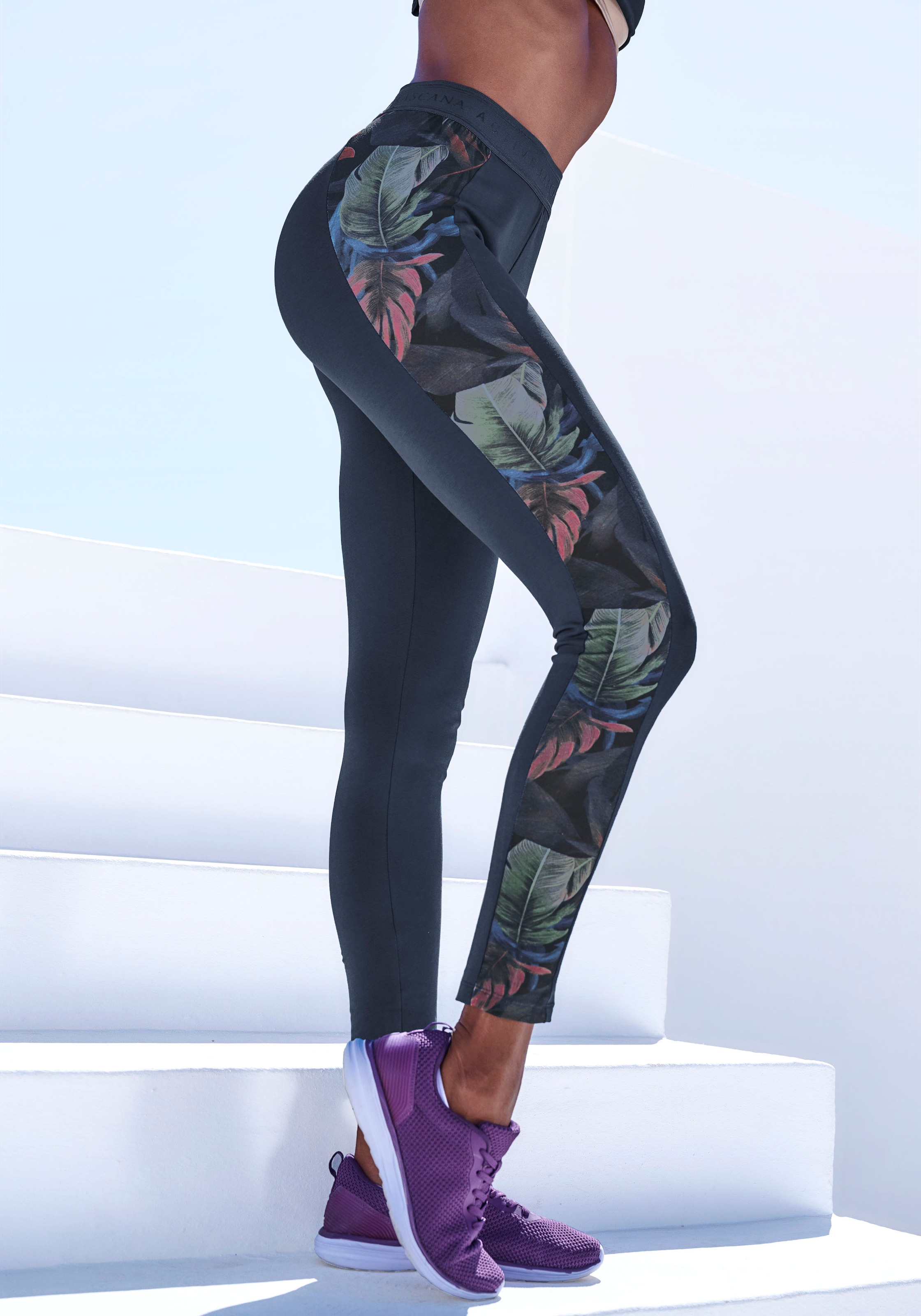 Funktionsleggings, Sportleggings mit seitlichen floralen Einsätzen