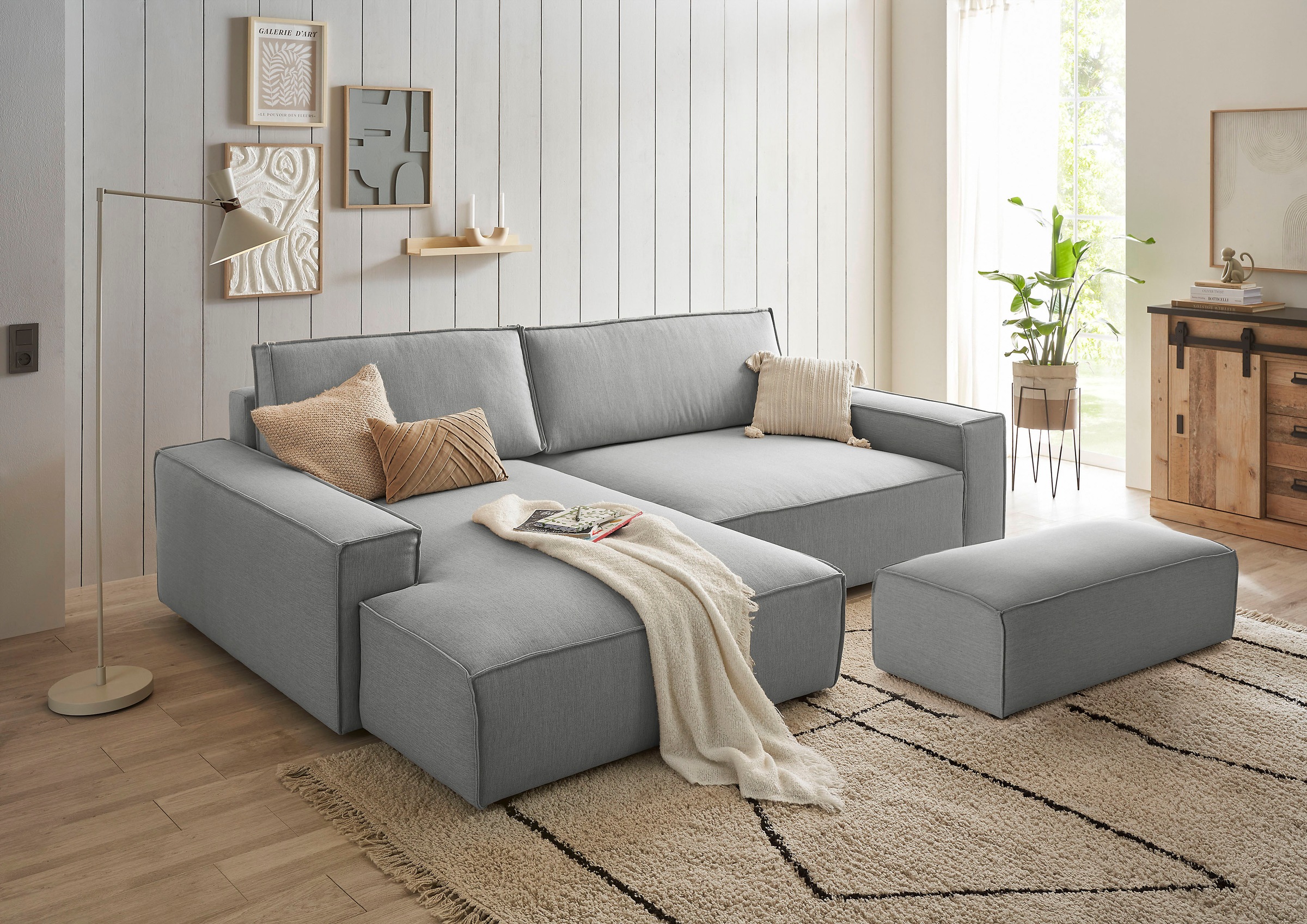 Home affaire Polsterecke »NEU: SHERWOOD XXL tief, L-Form mit Schlaffunktion, Big-Sofa mit Hocker«, (Set, 2 St.), stellbar zum Schlafsofa (Krokodilverbinder), Cord, Leinenoptik