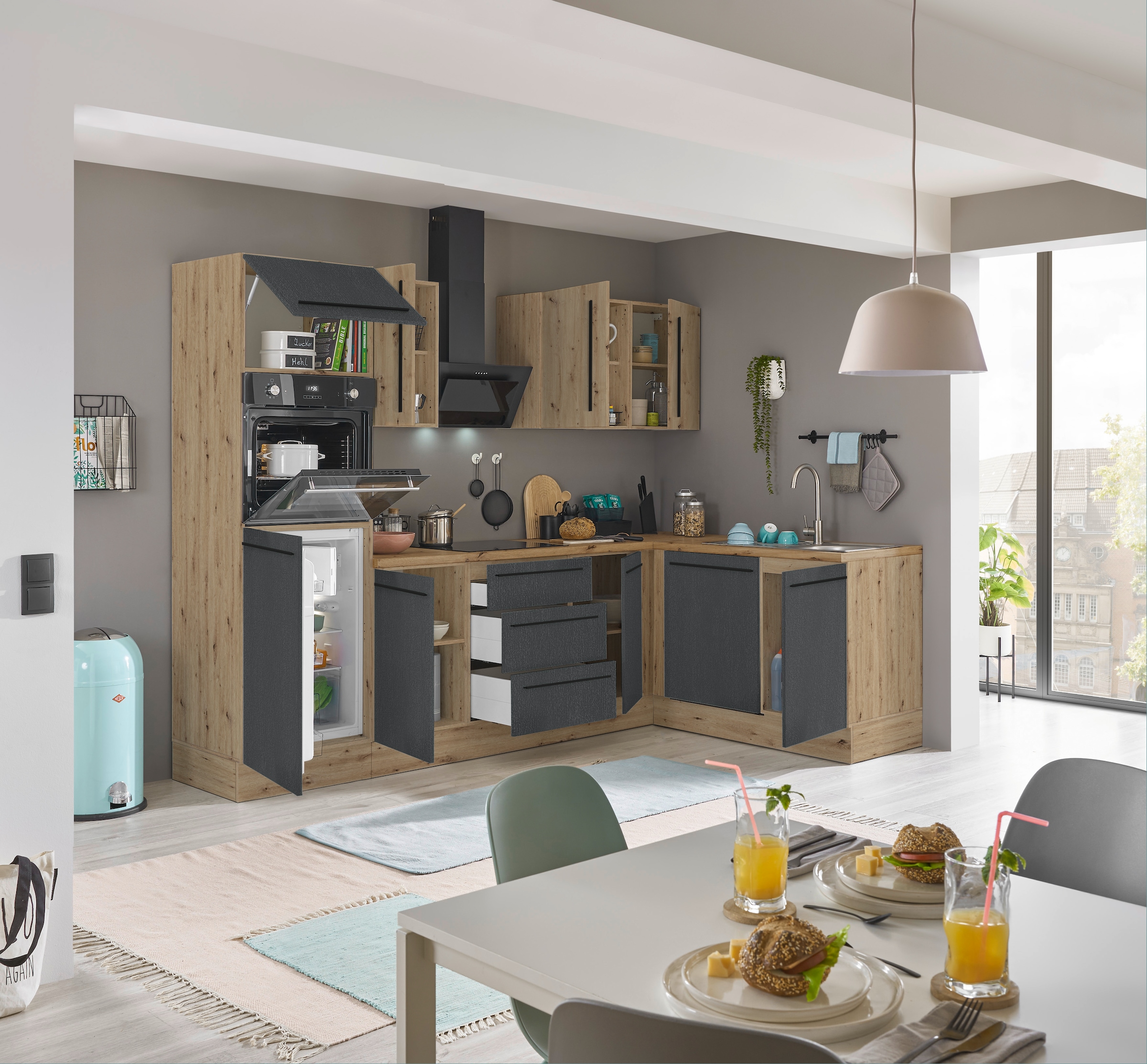 KOCHSTATION Winkelküche »Florida, Stellbreite 280x165 cm«, wahlweise mit E-Geräten, mit Softclose für Türen und Schubkästen