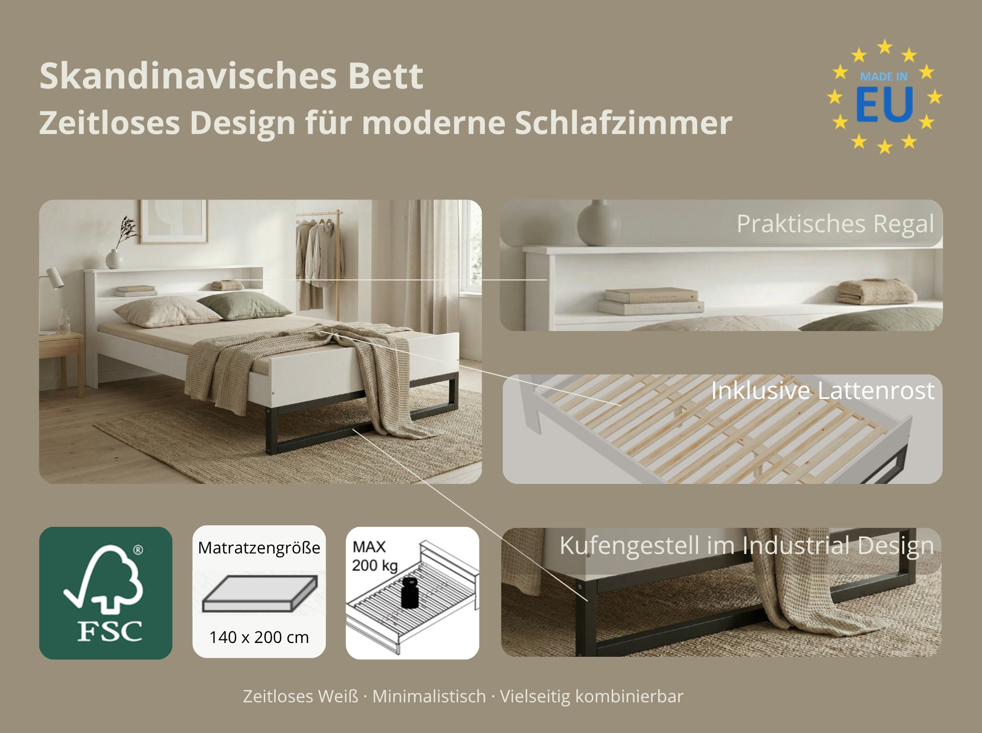 OTTO home Massivholzbett »Pannor, Industrial Design mit Regal, Lattenrost inklusive« Breite Liegefläche 140 oder 180cm,  Kufengestell, bis 200 kg belastbar, FSC-zertifiziert, Made in EU