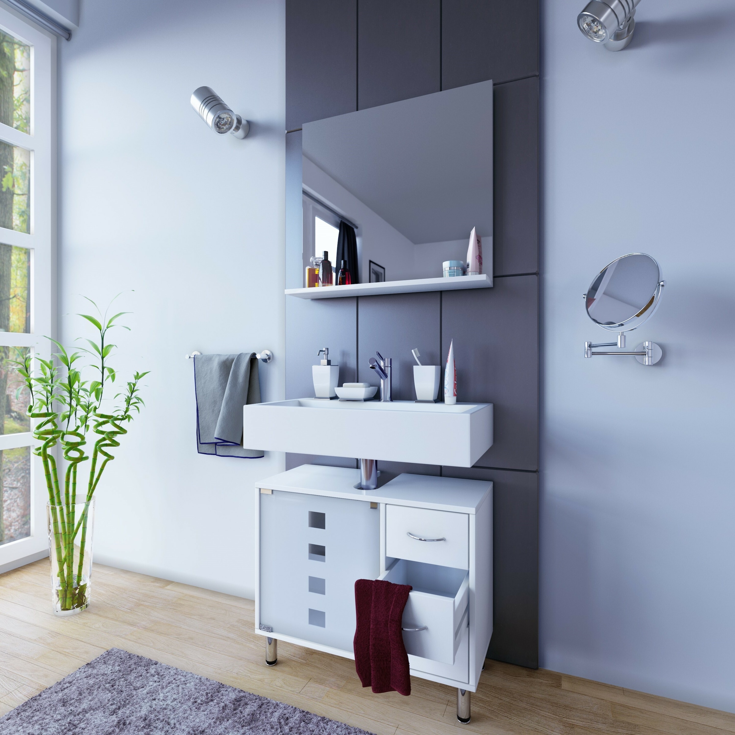 VCM Waschbeckenunterschrank »VCM Holz Waschbeckenunterschrank | Badschrank | Maße: H. 58 x B. 67 x T. 30 cm | 1 ESG-Sicherheitsglastür | 3 Schubladen | modernes Badezimmermöbel - Darola«, (1 St.)