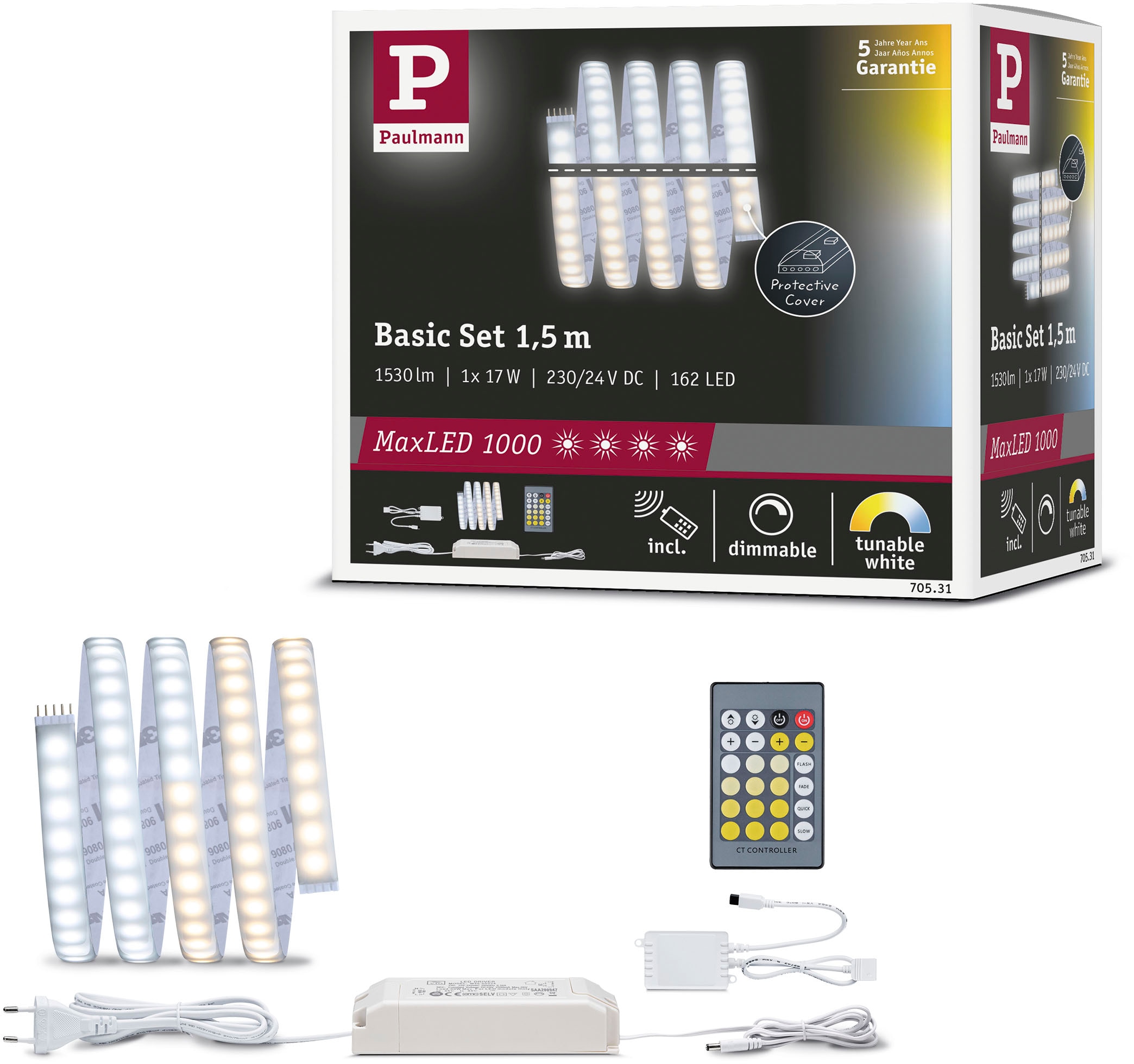 PAULMANN LED-Streifen "MaxLED1000 Basisset 1,5m IP44 Cover2700-6500K 17W 230/24V 40VA Silber", Flammen 1 Stk., silber, Küche, Lichterketten, Tunable