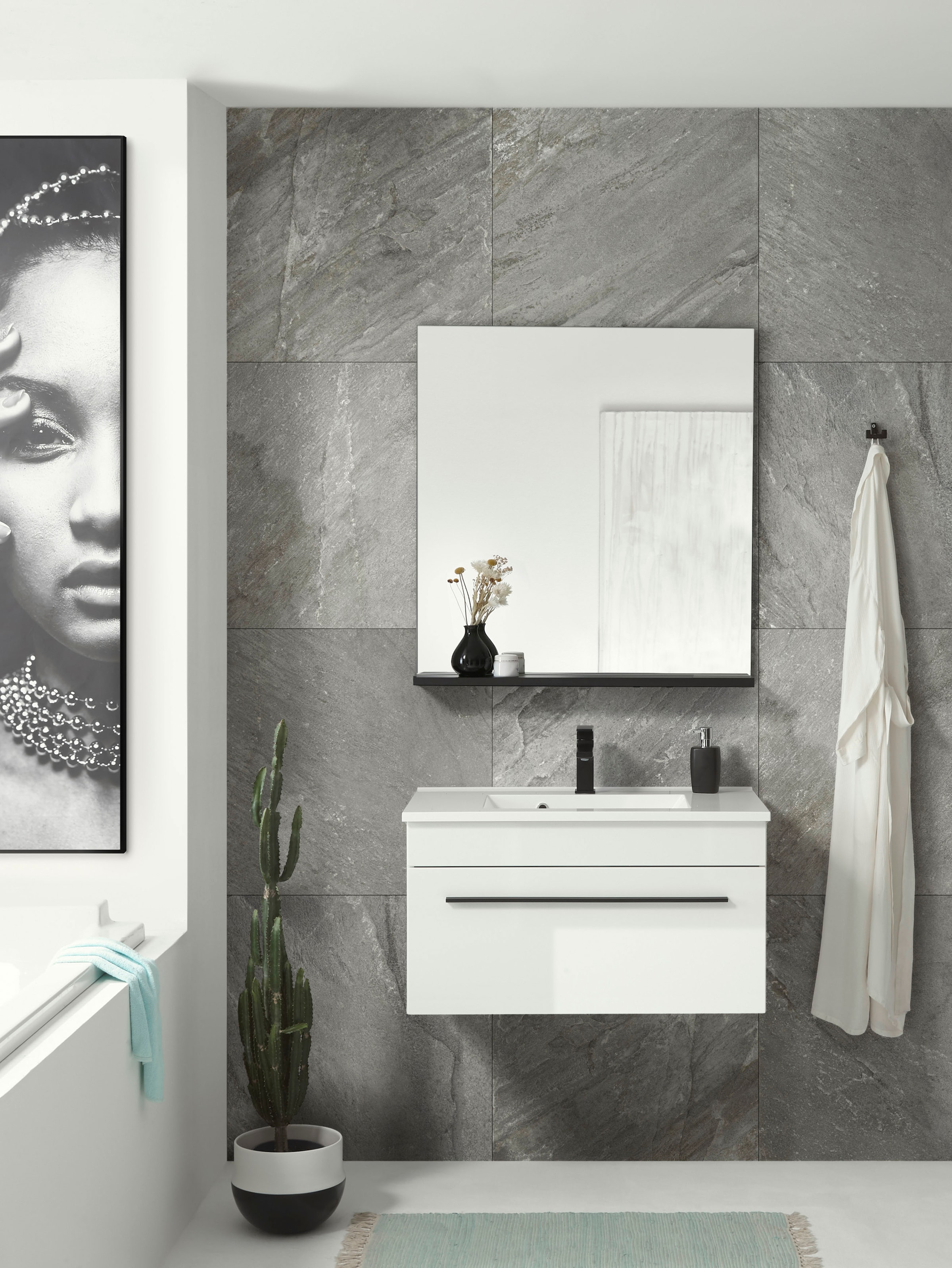 INOSIGN Badmöbel-Set »Cantara, Bad im modernen Design, 2-teiliges Badezimmer«, (Set, 2 St.), Waschtisch und Spiegel, in Weiß Hochglanz, viel Stauraum