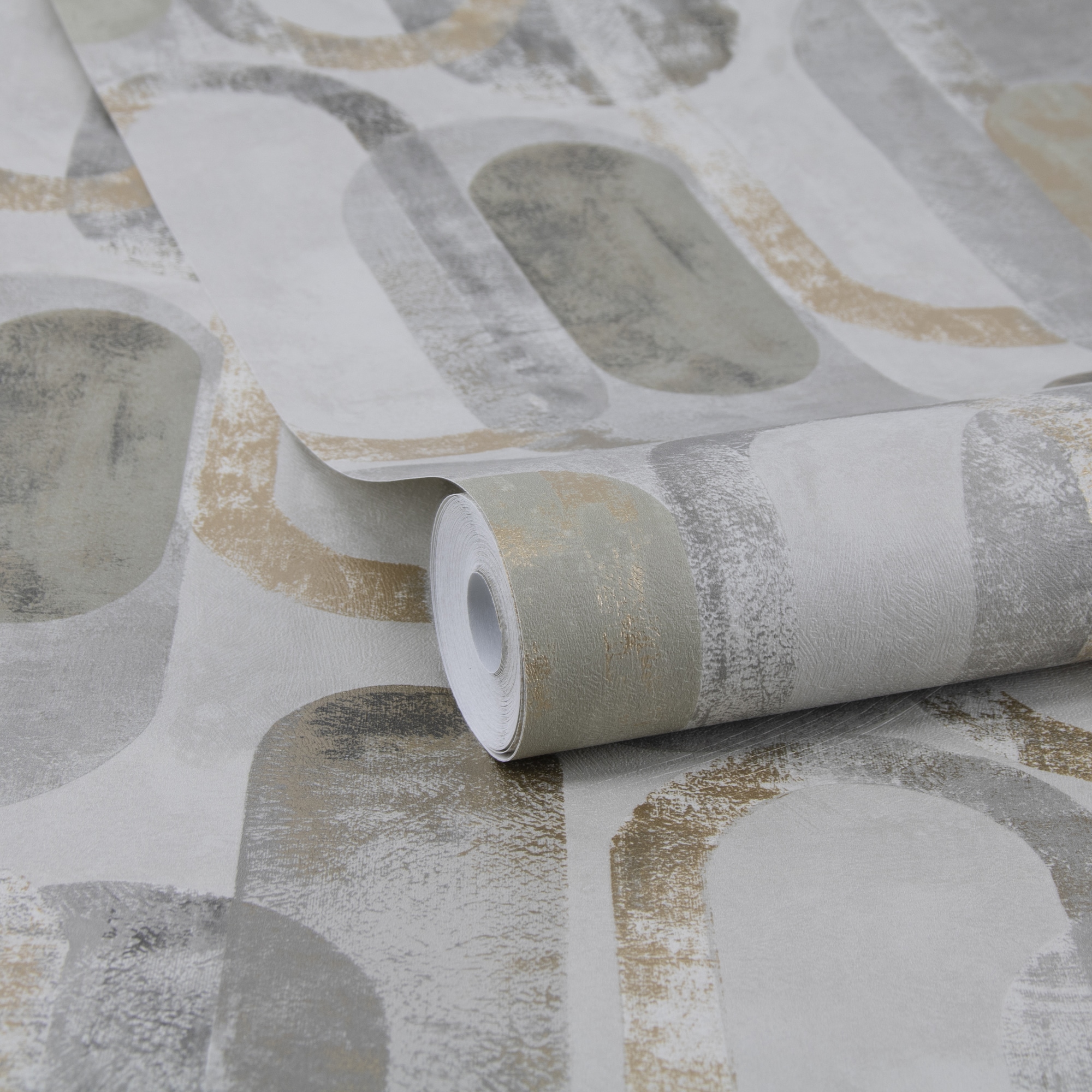 Sublime Oval Shapes Geometric Sand/Gold Wallpaper in White | Size: 10000mm x 520mm