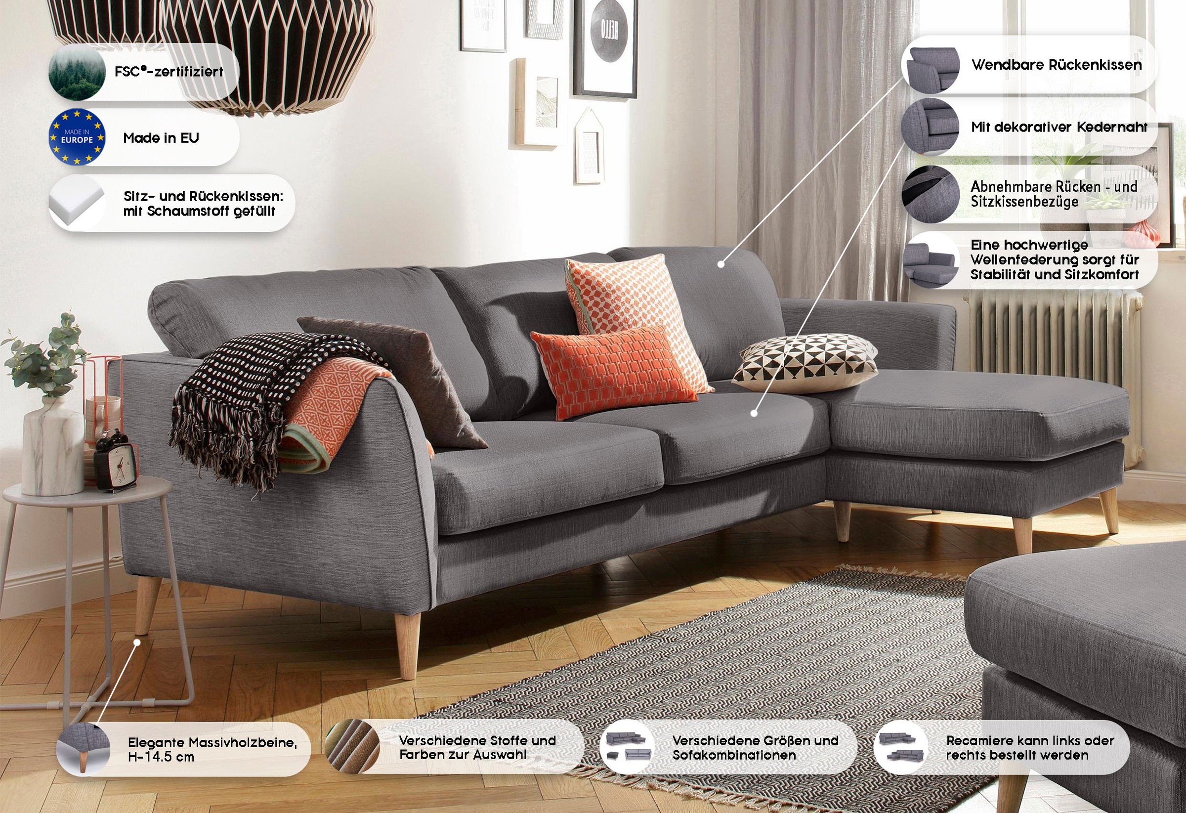 Home affaire Ecksofa »MARSEILLE (279/152cm),L-Form, Rec. rechts/links«, Massivholzbeine aus Eiche, in verschieden Bezügen und Farbvarianten