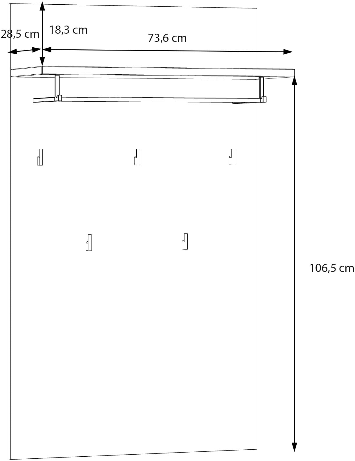 FORTE Garderobenpaneel B/H/T 74/127/30 cm, Wandmontage,