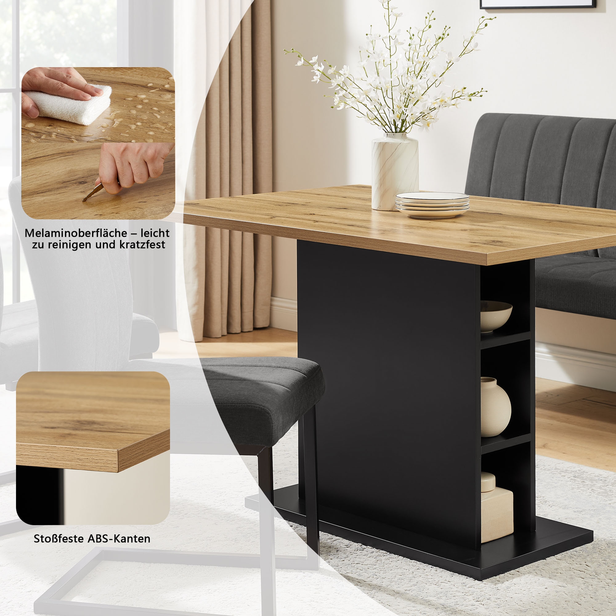 OTTO home Essgruppe »Hennia« Set, 4 tlg. Tischplatte aus Melamin, 2 Freischwinger, Bank, Metallgestell