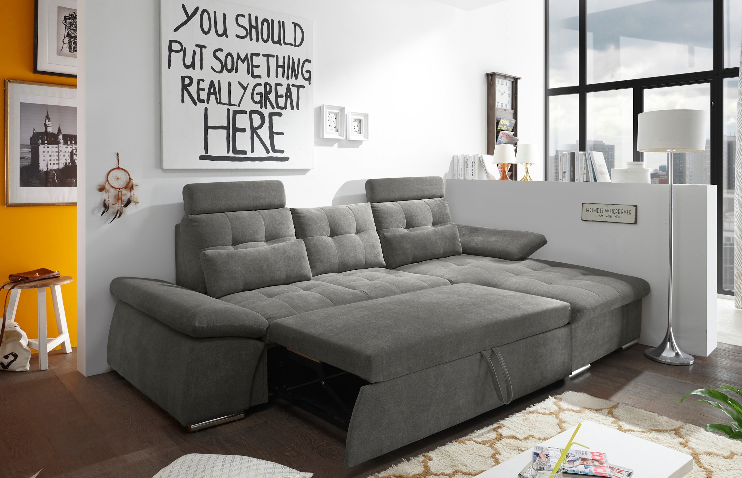 ED EXCITING DESIGN Ecksofa »Nalo L-Form«, mit Bettfunktion, Armteilverstellung, Kopfstützen & 2 Nierenkissen