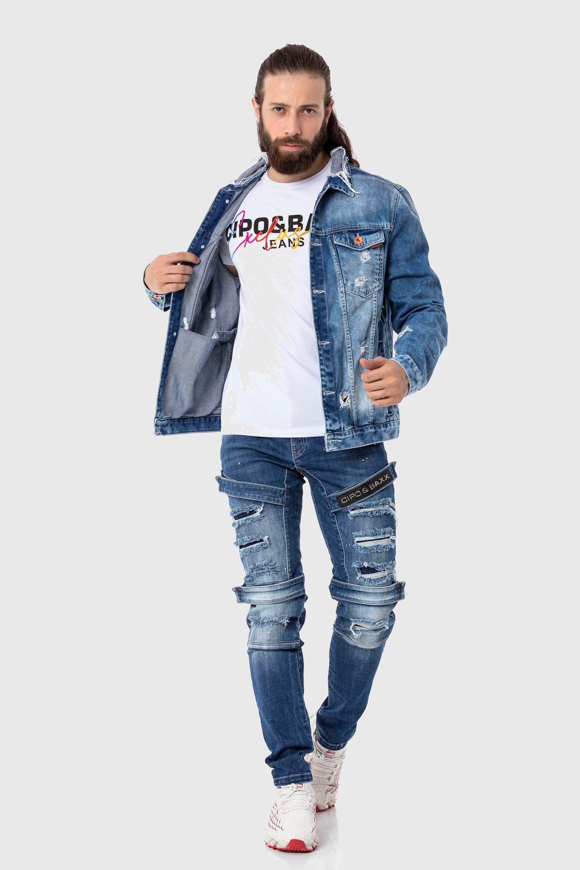 Jeansjacke CIPO & BAXX "Jacke", Herren, Gr. XL, blau, Stoff, 100% Baumwolle, unifarben, regular fit normal, Jacken Jeansjacke, im destroyed Look 3