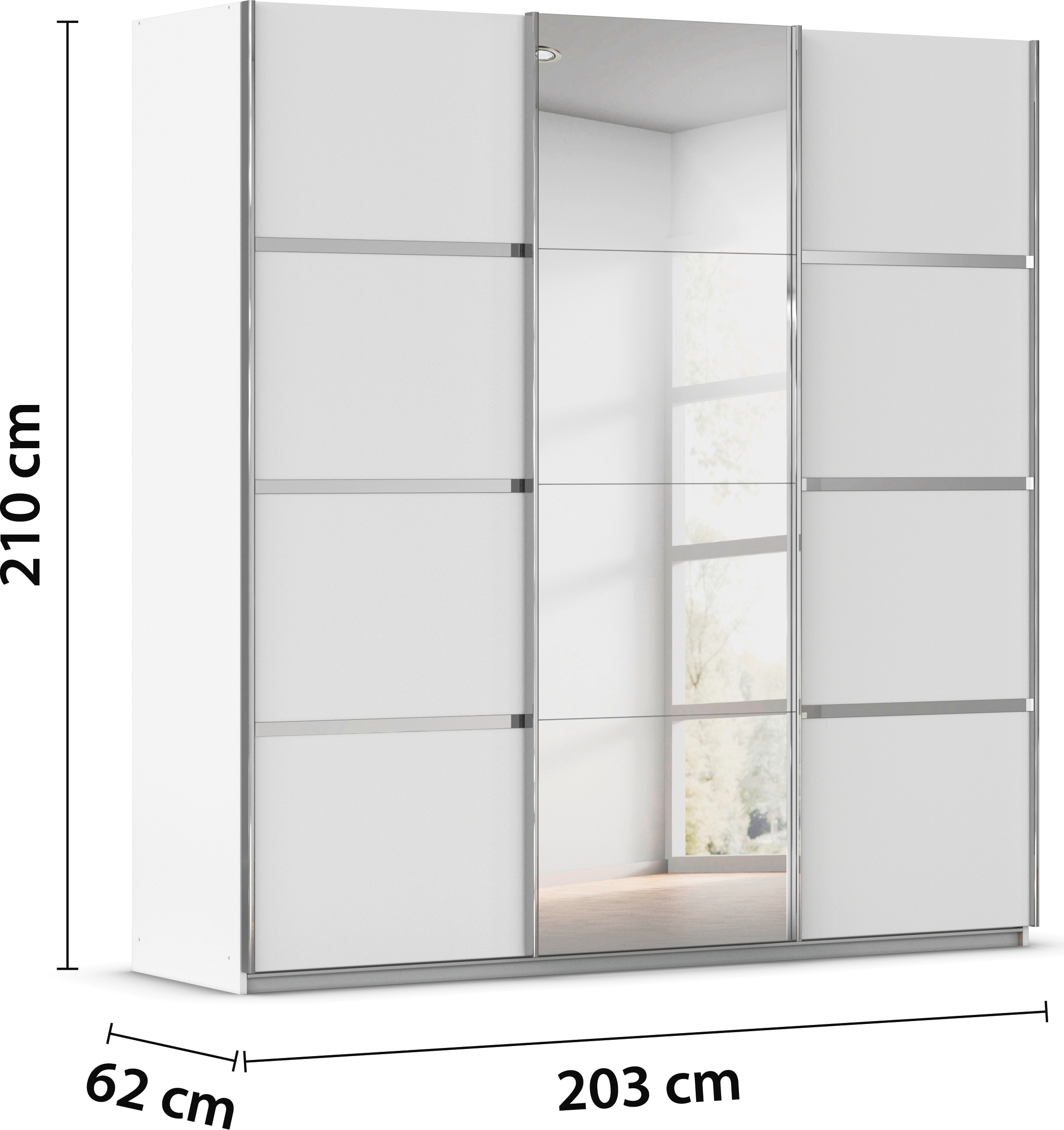 rauch Kleiderschrank »Schwebetürenschrank Garderobe Schrank TOP ANGEBOT Avola«, (in 3 verschiedenen Ausstattungen BASIC/CLASSIC/PREMIUM inkl. Spiegel), mit eleganten Zierleisten in Chrom, Schwarz oder Weiß MADE IN GERMANY