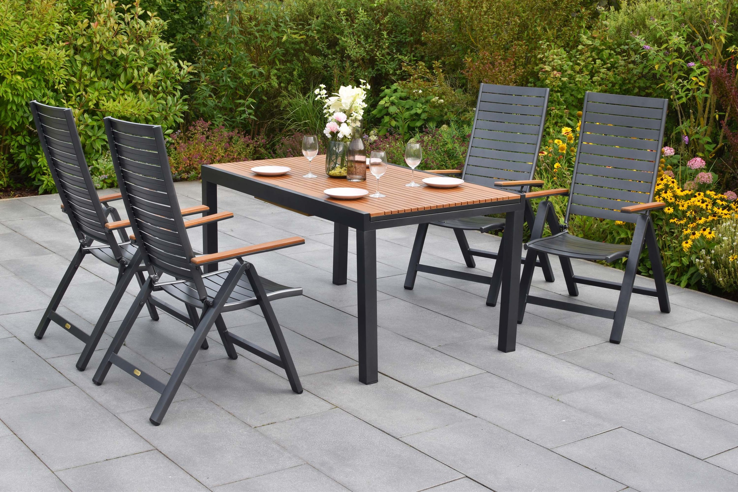 MERXX Garten-Essgruppe »Astros« Set, 5 tlg. inkl. 4 Klappsessel, 1 Ausziehtisch