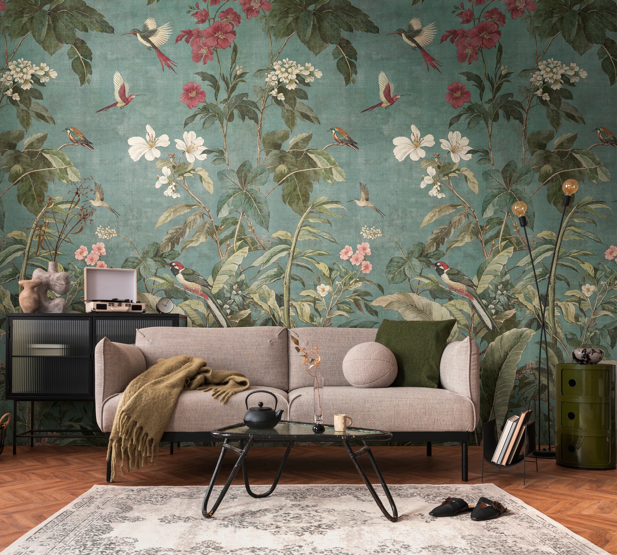 living walls Fototapete "The Wall 4 Flowers – Vögel zwischen Pflanzen Vlies-Fototapete" botanisch floral matt leicht strukturiert Vögel zwischen Pflanzen mit natürlicher Tiefenwirkung