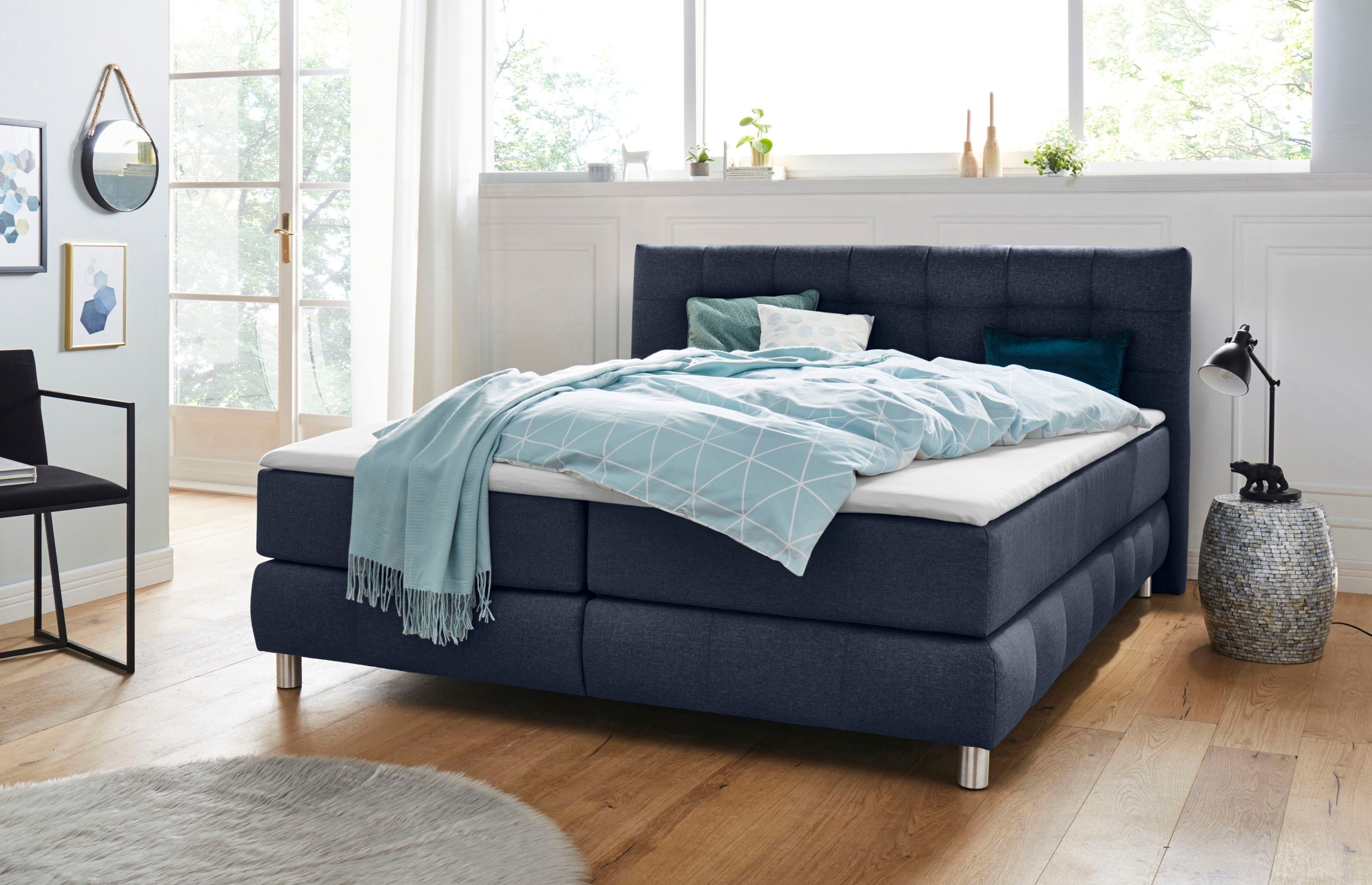 Boxspringbett HOME AFFAIRE "Salo", blau, B:214cm L:211cm, Struktur (100% Polyester);Bezug der Spiegelfläche Matratzendrell aus 100% Polyester;Samtoptik (100% Polyester), Komplettbetten, Boxspringbett, incl. Topper, 6 Breiten, 2 Härtegrade, TFK auch in Här 3