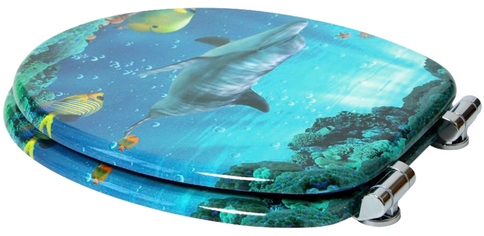 Sanilo Badaccessoire-Set »Delphin Korallen«, (Komplett-Set, 3 tlg.), bestehend aus WC-Sitz, Badteppich und Waschbeckenstöpsel