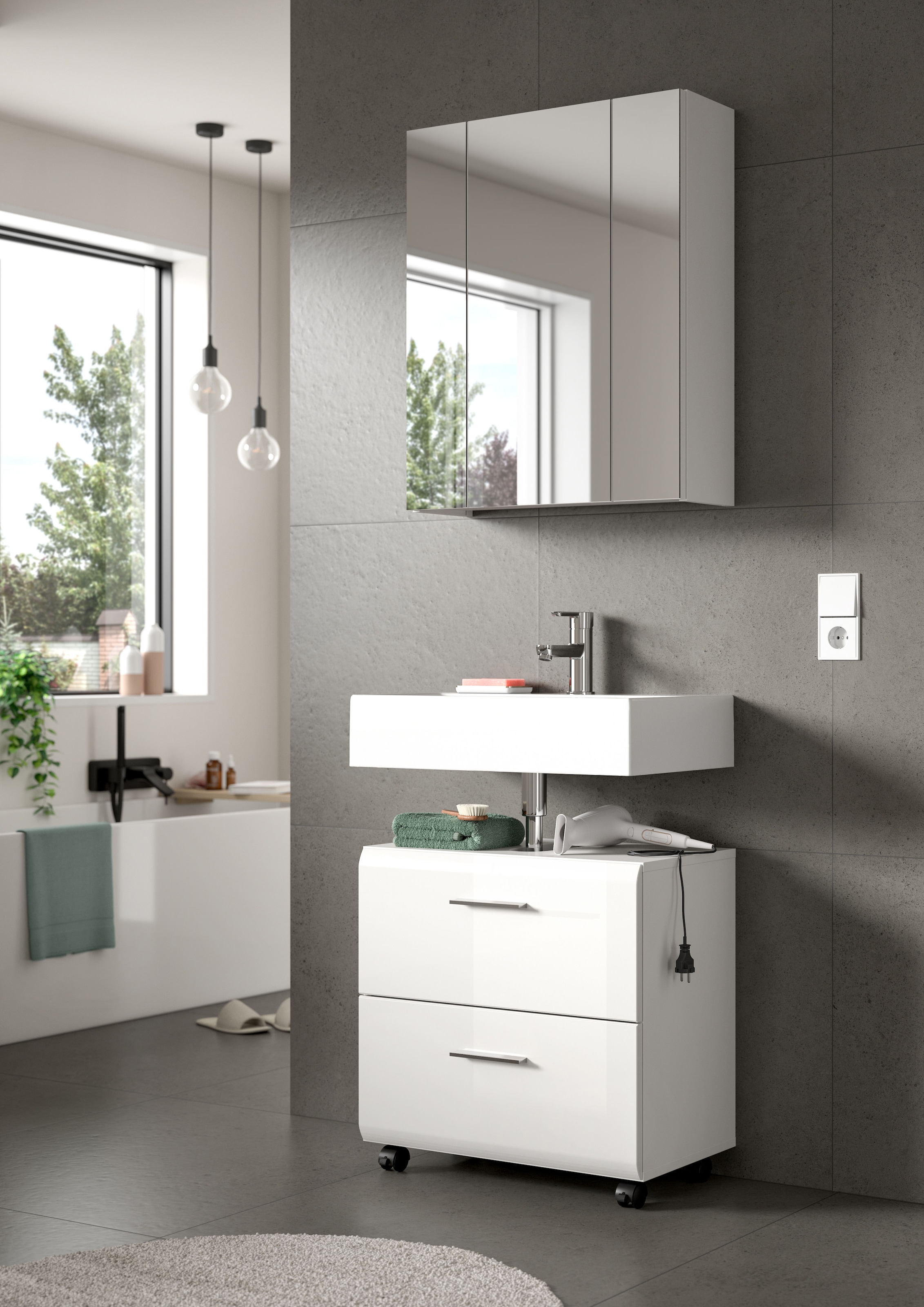 welltime Badmöbel-Set »FLORENZ, 2-tlg. Bad-Kombination, hochwertige MDF-Front« best. aus: 1 Spiegelschrank, 1 Waschbeckenunterschrank, 3 Stk. tlg.