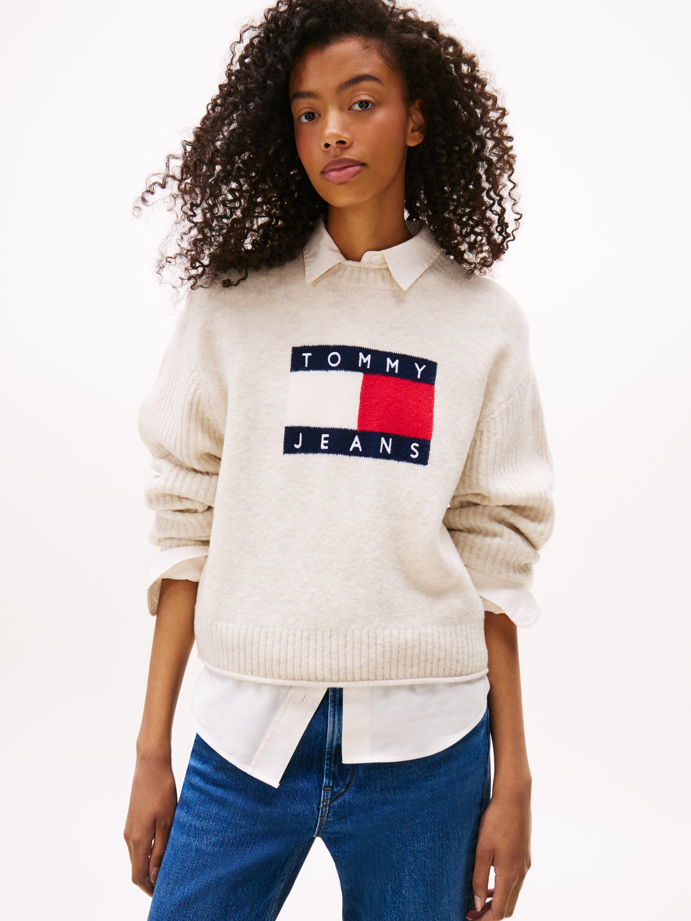 Tommy Jeans Strickpullover "TJW MELANGE FLAG SWEATER RIB EXT", in gerippter günstig online kaufen
