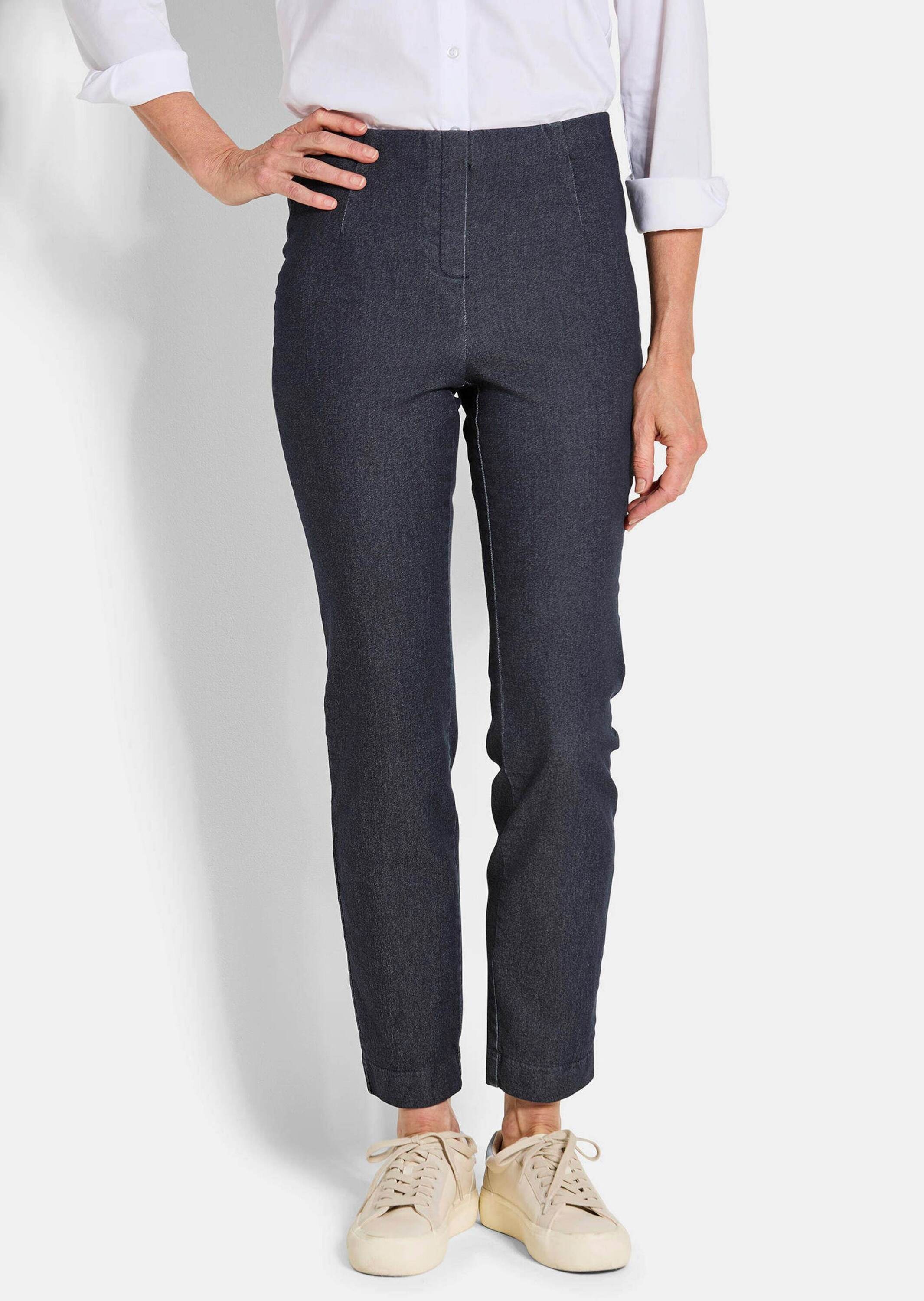 Chinohose GOLDNER "Bengalinhose LOUISA in Denim-Optik", Damen, Gr. 46, N-Gr, blau (marine), Obermaterial: 78% Baumwolle CO. 18% Polyester PES. 4% Elasthan EL., Hosen Chinohose 2