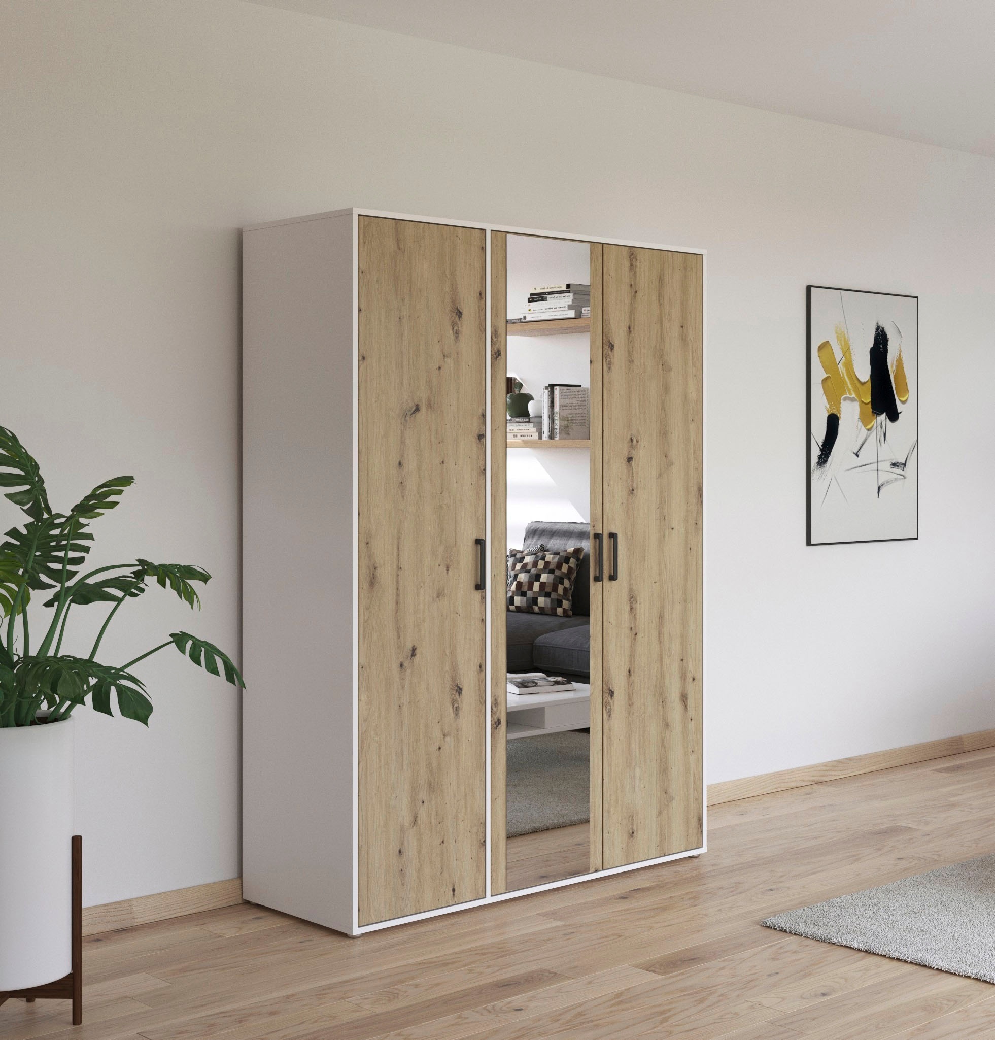 rauch Drehtürenschrank »Kleiderschrank Schrank Garderobe Wäscheschrank VOYAGER«, (in 3 verschiedenen Ausstattungen BASIC/CLASSIC/PREMIUM), mit modernen Griffen in Graumetallic und Spiegel