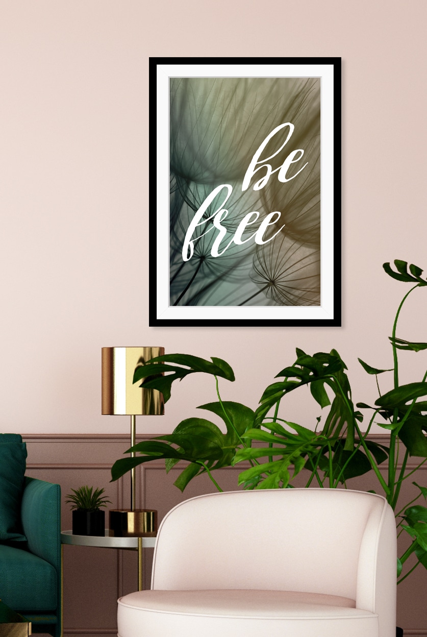 queence Bild »be free« Motivationsbilder | Pflanzenbilder | Schriftzug | Sprüche & Texte HD Premium Poster-Druck inkl. Holzrahmen