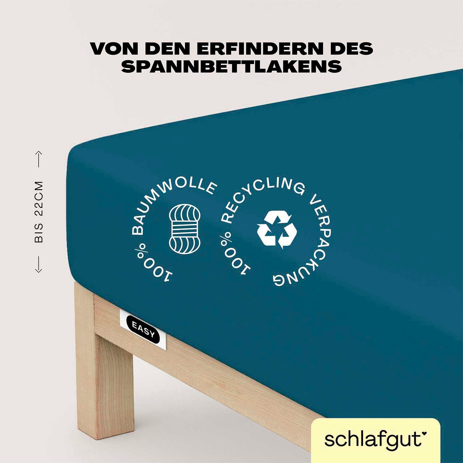 Schlafgut Spannbettlaken "EASY JERSEY Bettlaken, 150 g/m², 100% Baumwolle, Spannbetttuch" Spannbettlaken bis 22 cm Höhe, bügelfrei, pflegeleicht, perfekter Sitz