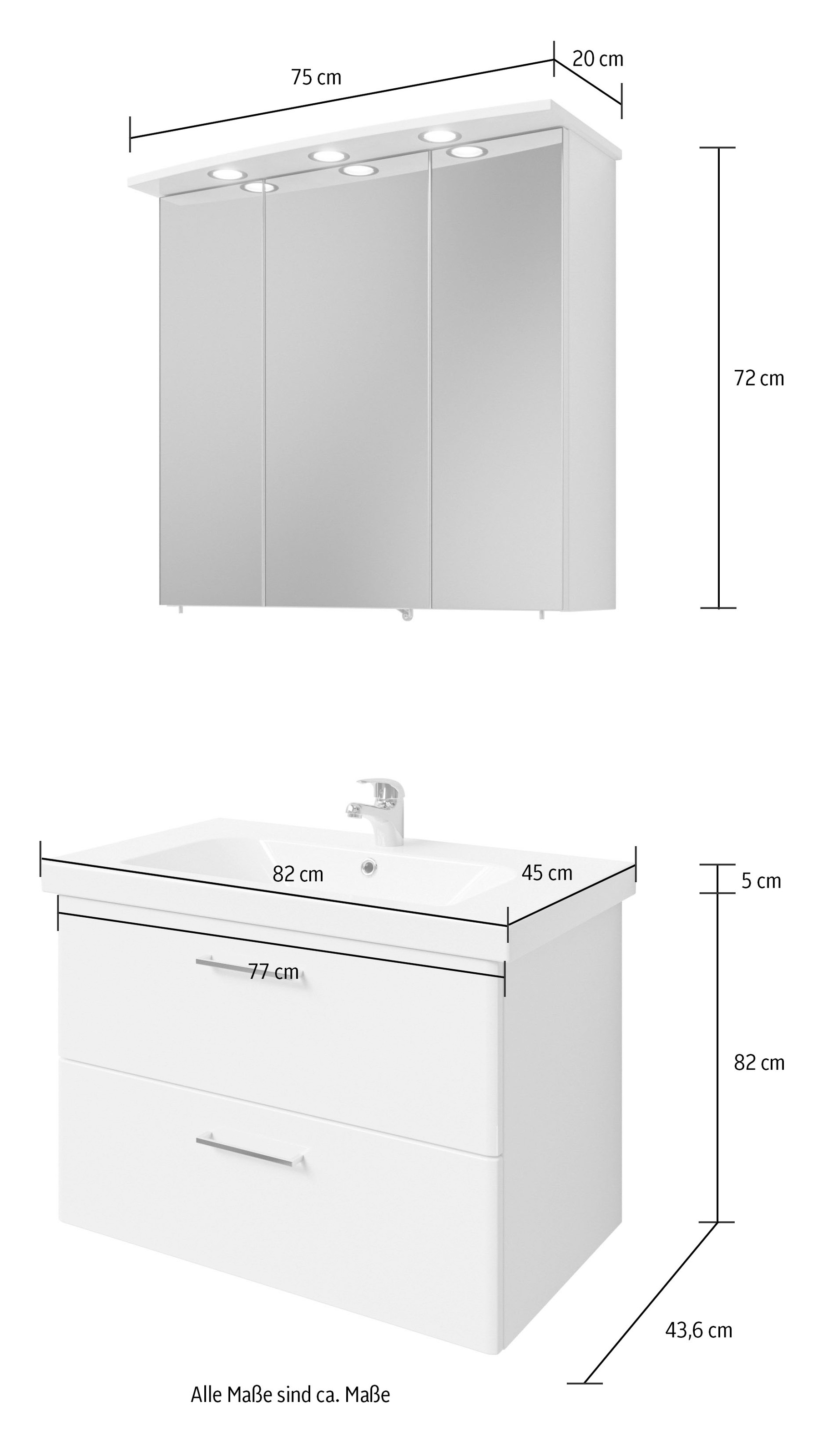 Saphir Badmöbel-Set »Quickset 316 2-teilig, Keramikwaschtisch mit LED-Spiegelschrank«, (2 St.), Waschplatz 82cm breit, 3 Türen, 1 Schublade, 1 Klappe, inkl Türdämpfer