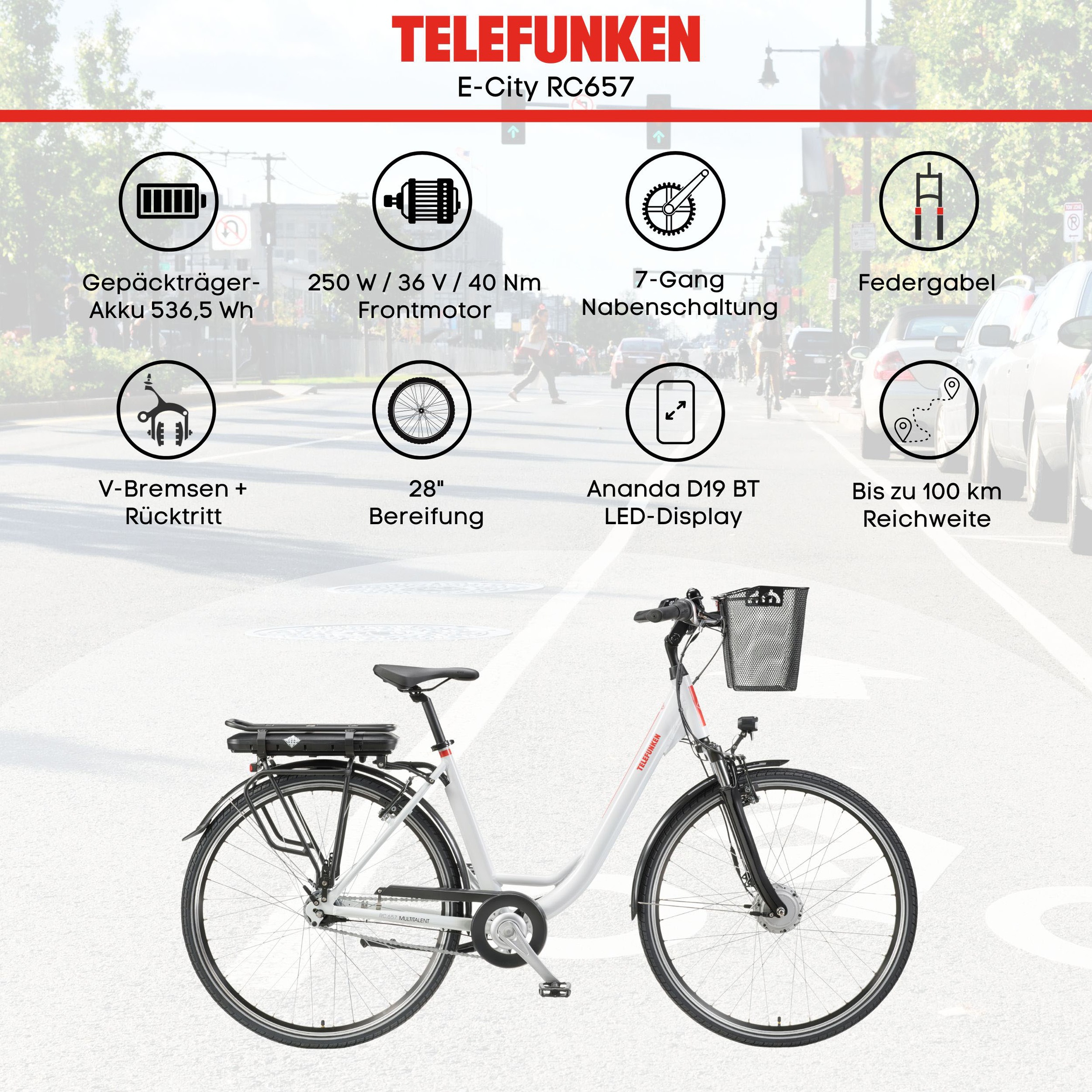 Telefunken E-Bike »Multitalent RC657«, 7 Gang, Shimano, Nexus, Frontmotor 250 W, Pedelec, Elektrofahrrad für Damen u. Herren