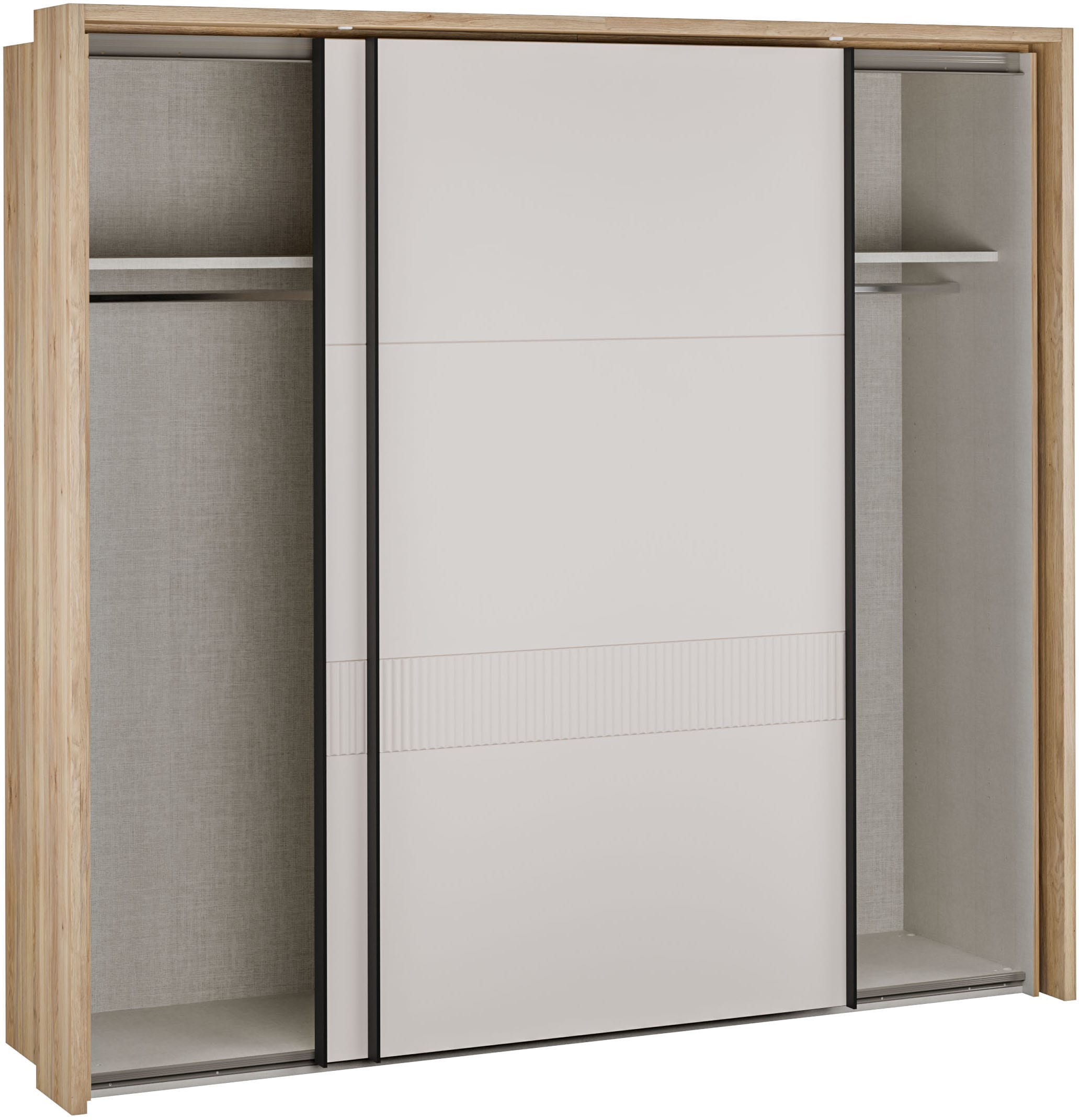 FORTE Schwebetürenschrank »Forte Seravel Schwebetürenschrank, Lamellenoptik, inkl. Beleuchtung« B/H/T 231,1/215,9/63,8 cm, Zubehör optional bestellbar