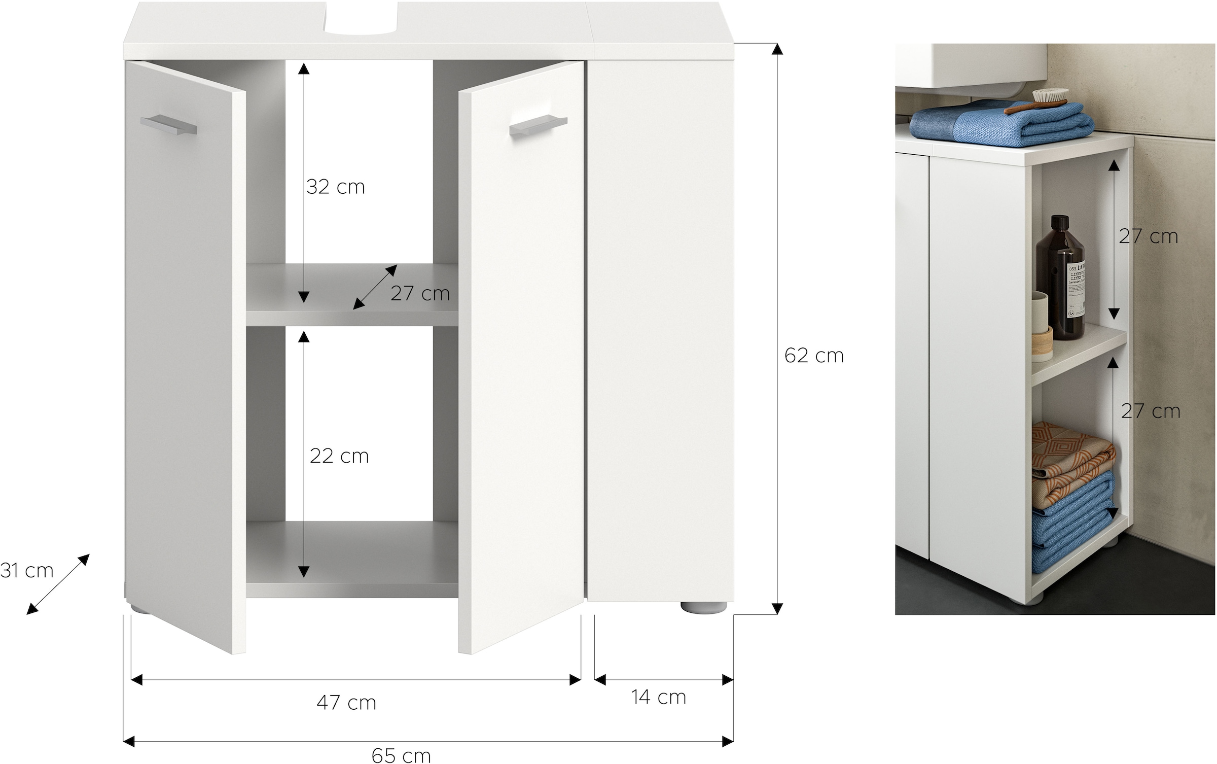 welltime Waschbeckenunterschrank »Breite 65cm, mit seitlichem Regal, 2 Türen, 4 Fächer«, Waschbecken, Unterschrank, Schrank, Badschrank, Badezimmerschrank