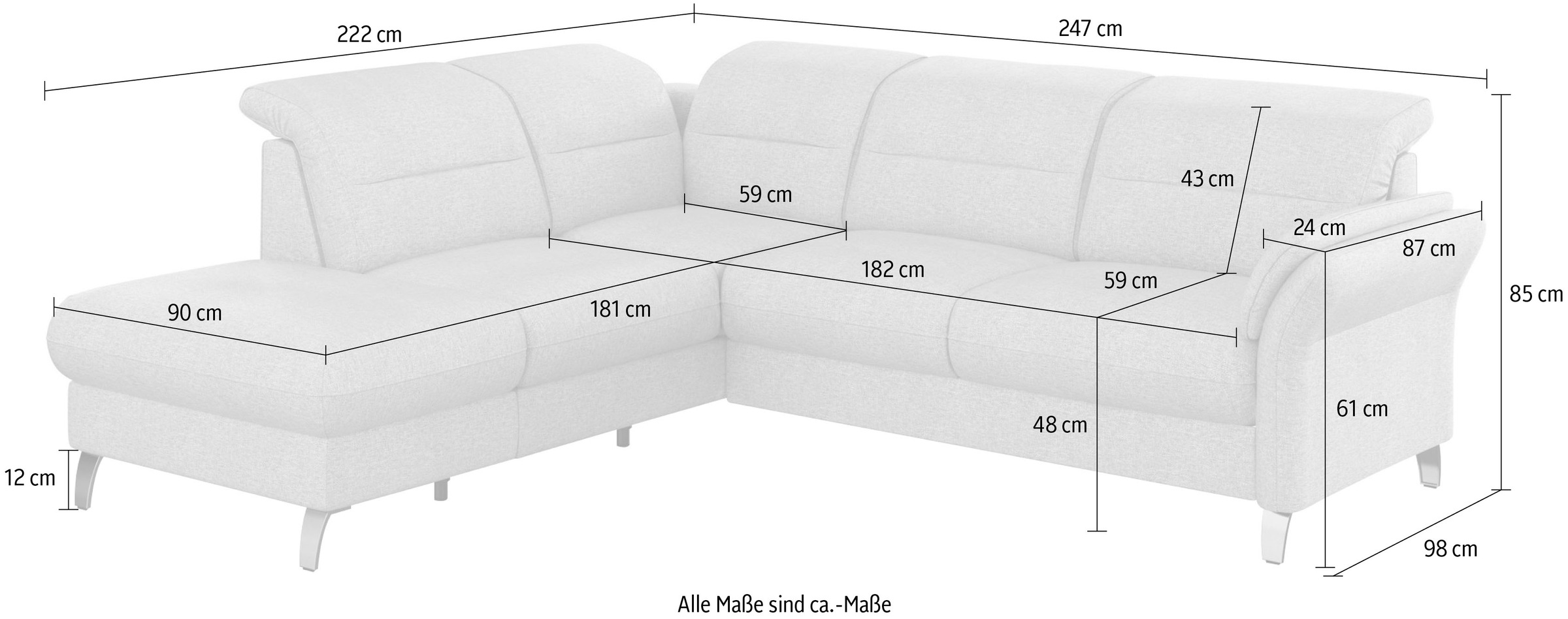 sit&more Ecksofa »Grenoble L-Form mit Federkern«, wahlweise mit Bettfunktion, Bettkasten, Arm- und Kopfteilverstellung
