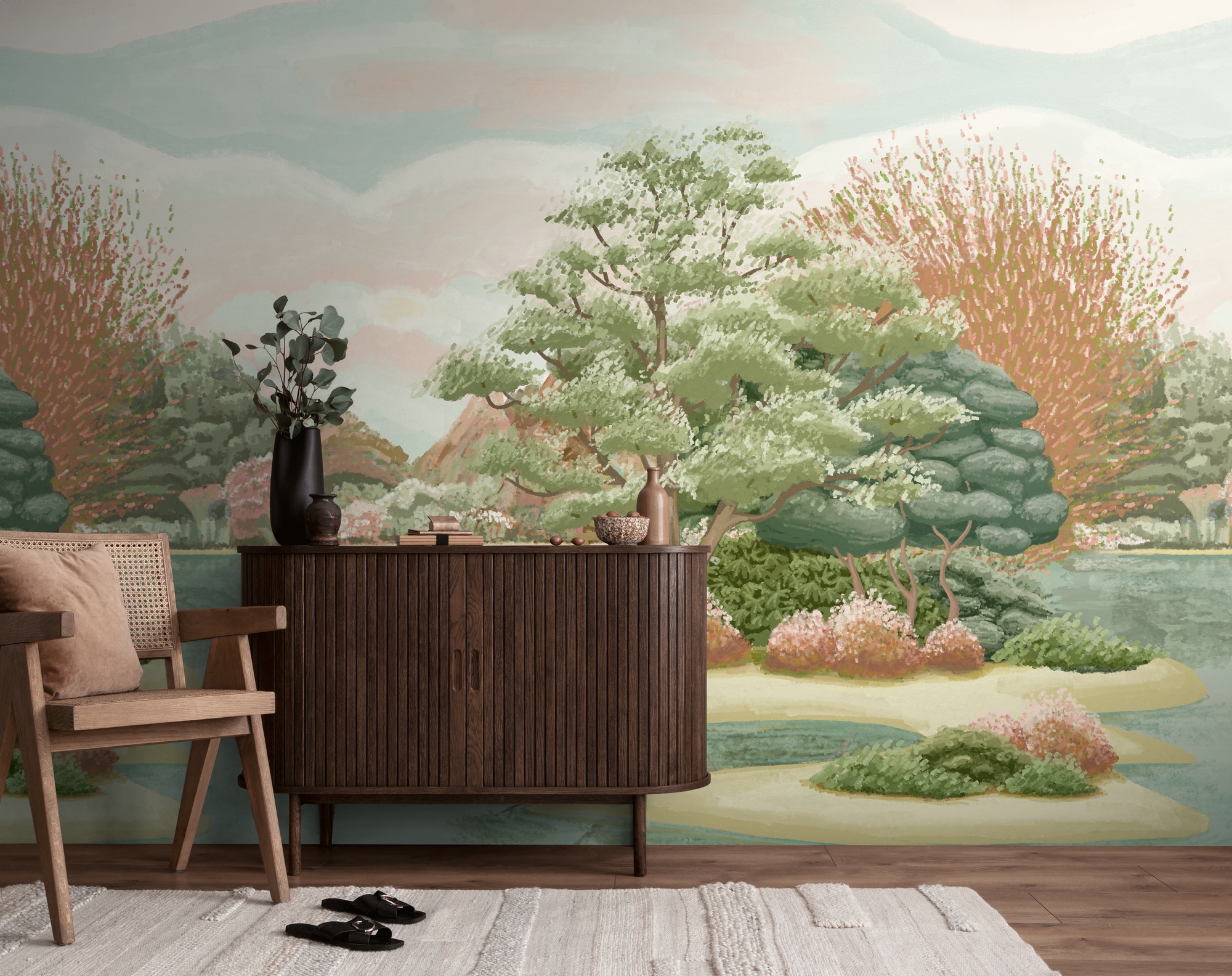 living walls Fototapete "The Wall 4 Eyecatcher – Malerische Baumlandschaft Vlies-Fototapete" Motiv matt naturalistisch leicht strukturiert Malerische Baumlandschaft mit atmosphärischer Tiefe