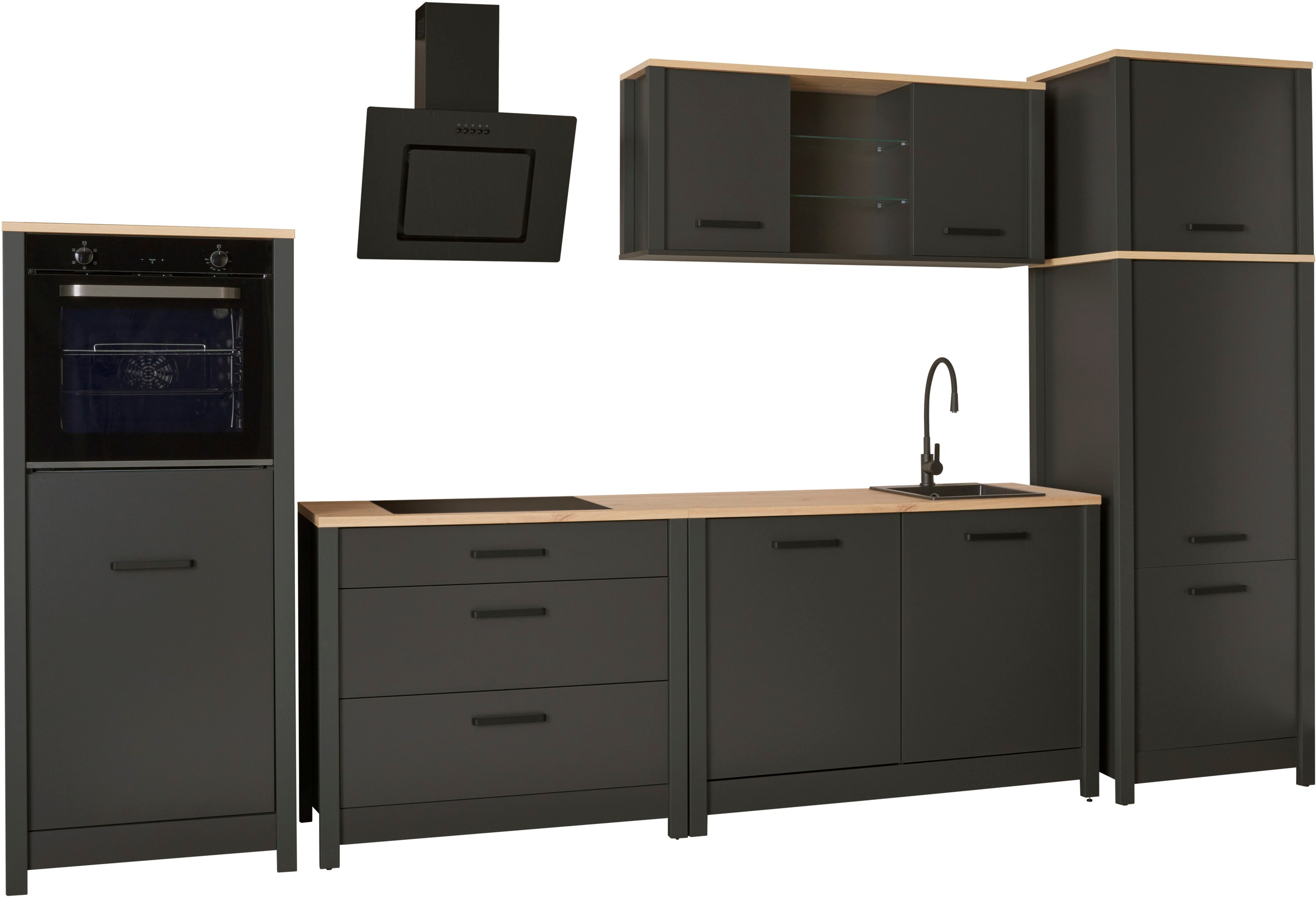 Küchenzeile INTER LINK, B:370cm H:227cm T:60cmküche: grau, front: anthrazit, korpus: anthrazit, eiche artisan nachbildung, arbeitsplatte: eiche