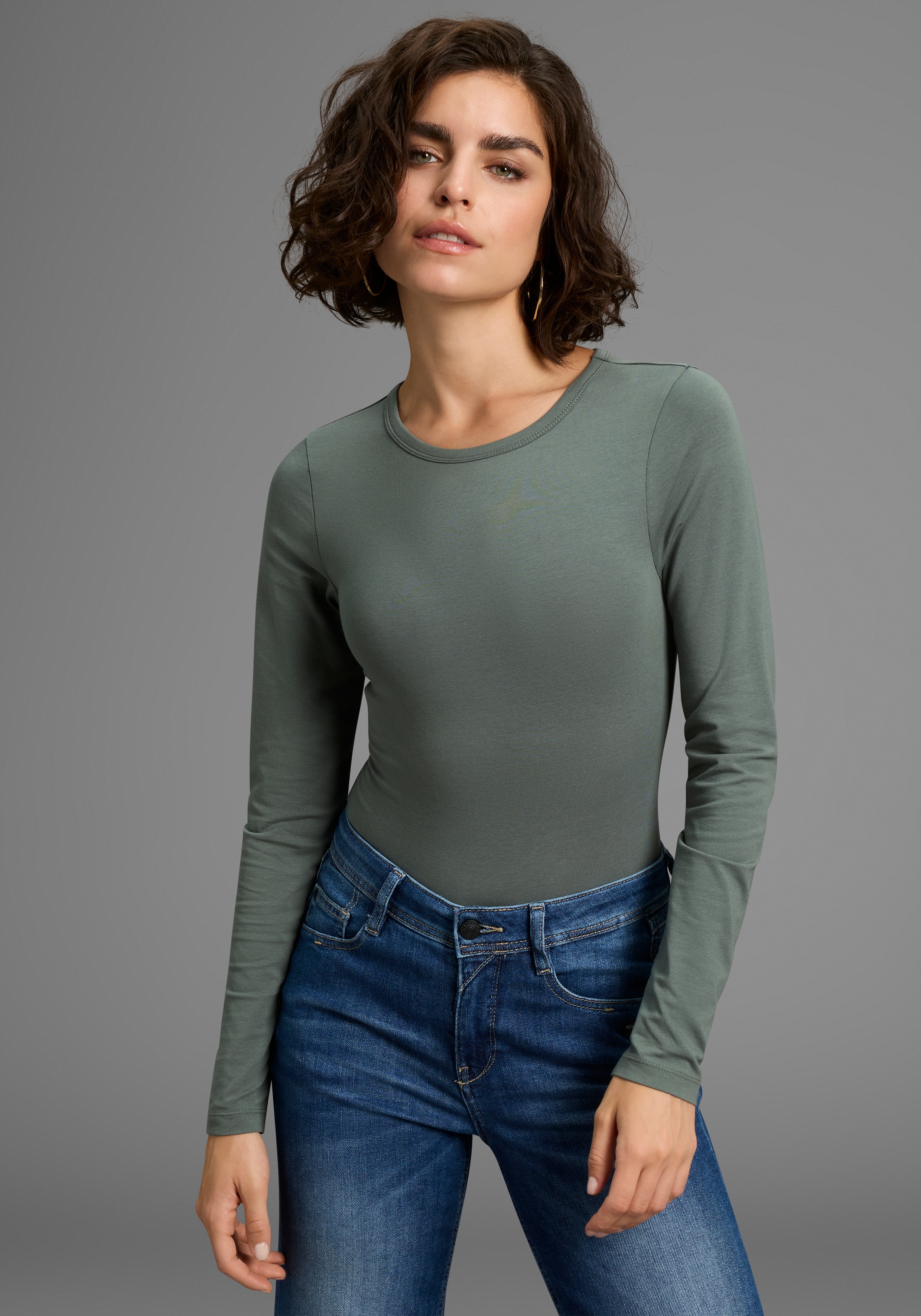 LAURA SCOTT Damen Langarmbody, blau, Basic, Gr. 42, unifarben, Jersey, Obermaterial: 95% Baumwolle, 5% Elasthan, Bodys, Langarm, figurbetont,