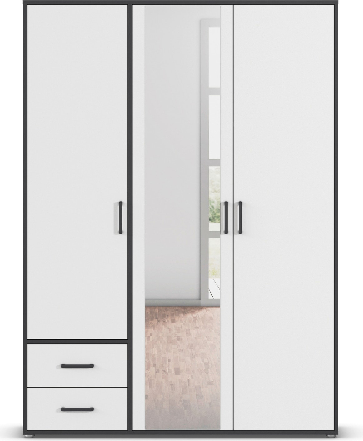 rauch Drehtürenschrank »Kleiderschrank Schrank Garderobe Wäscheschrank VOYAGER«, (in 3 verschiedenen Ausstattungen BASIC/CLASSIC/PREMIUM), mit modernen Griffen in Graumetallic, inkl. Schubkästen und Spiegel