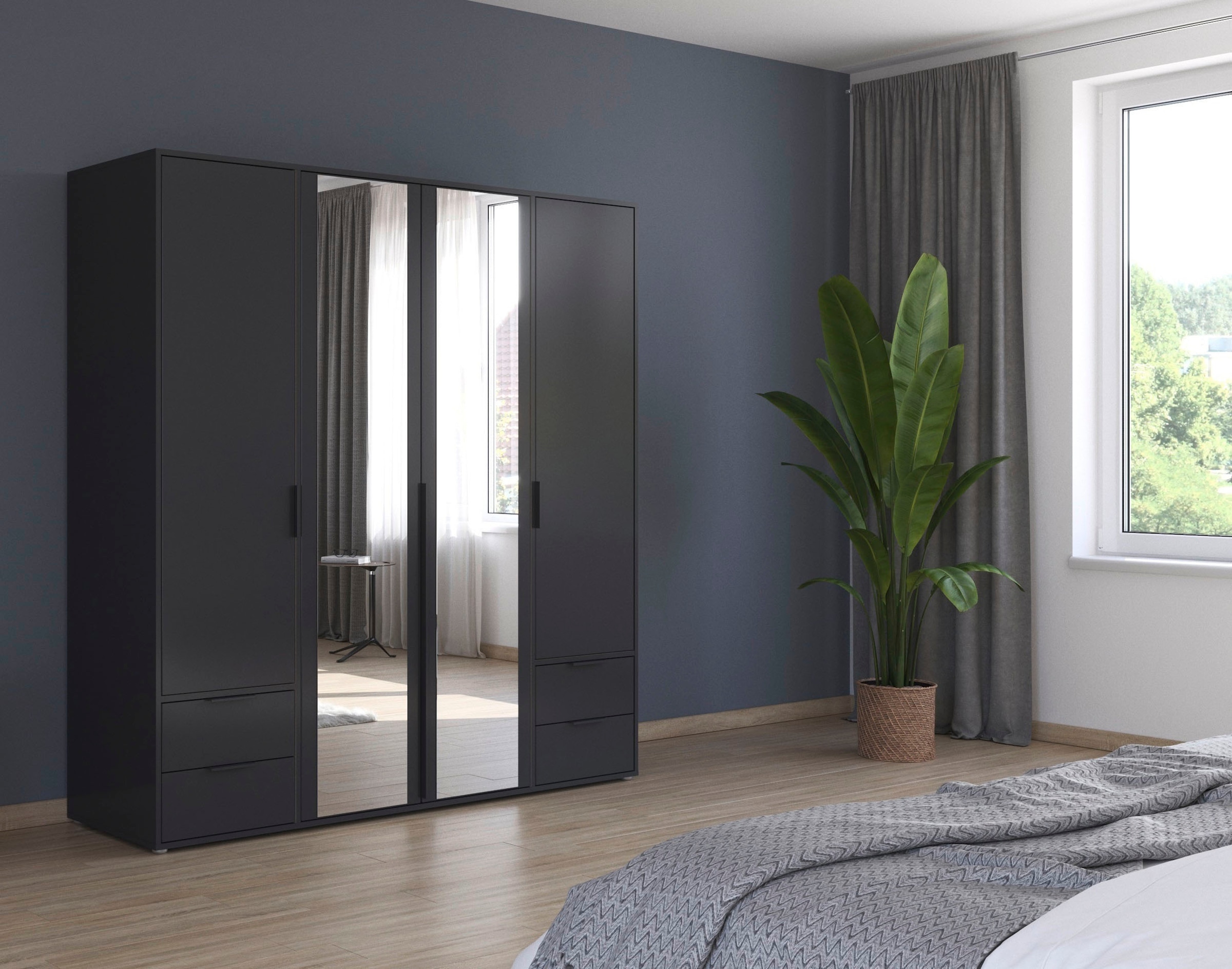 rauch Drehtürenschrank »Kleiderschrank Schrank Garderobe Wäscheschrank NAGATA mit Spiegel«, (in 3 verschiedenen Ausstattungen BASIC/CLASSIC/PREMIUM), und Schubladen sowie Stangengriffen TOPSELLER MADE IN GERMANY