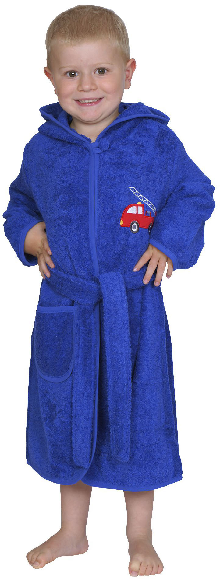 Kinderbademantel WÖRNER, L:65cm, blau, Frottier, Hausmäntel, "Feuerwehr royalblau", mit Stickerei, mit Tasche, maschinenwaschbar