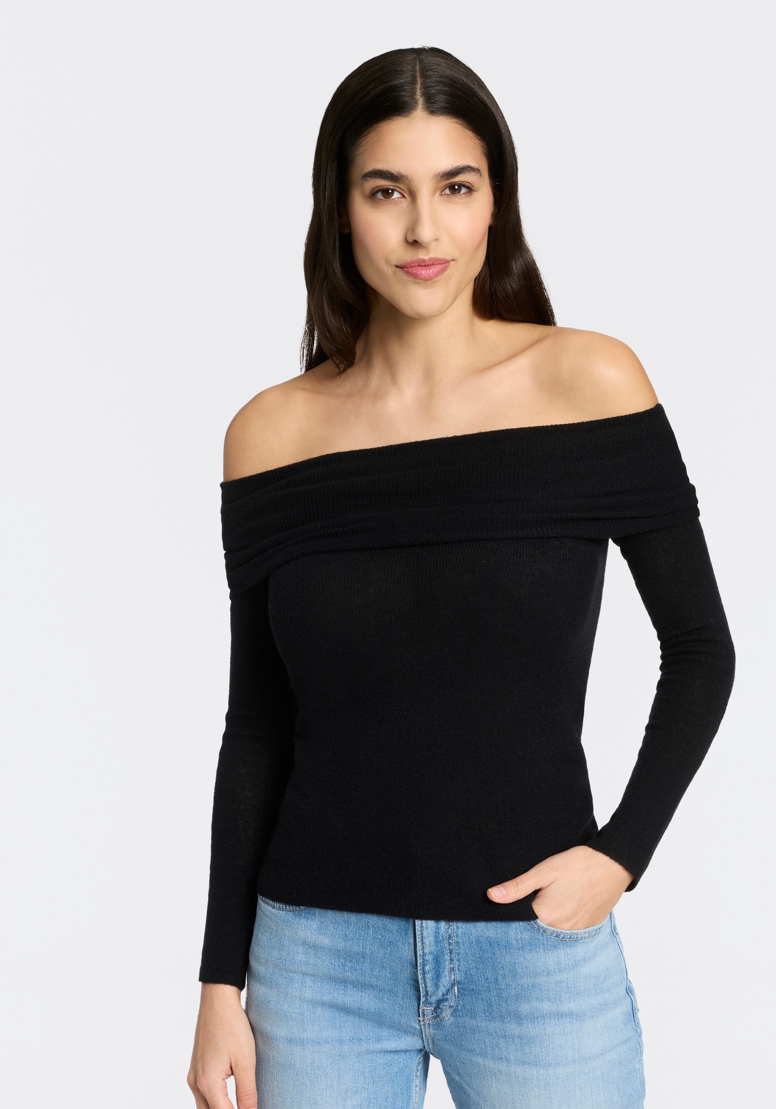 BOSS ORANGE Carmenpullover "Falmon Premium Damenmode" schulterfrei mit umgeschlagenem Ausschnitt