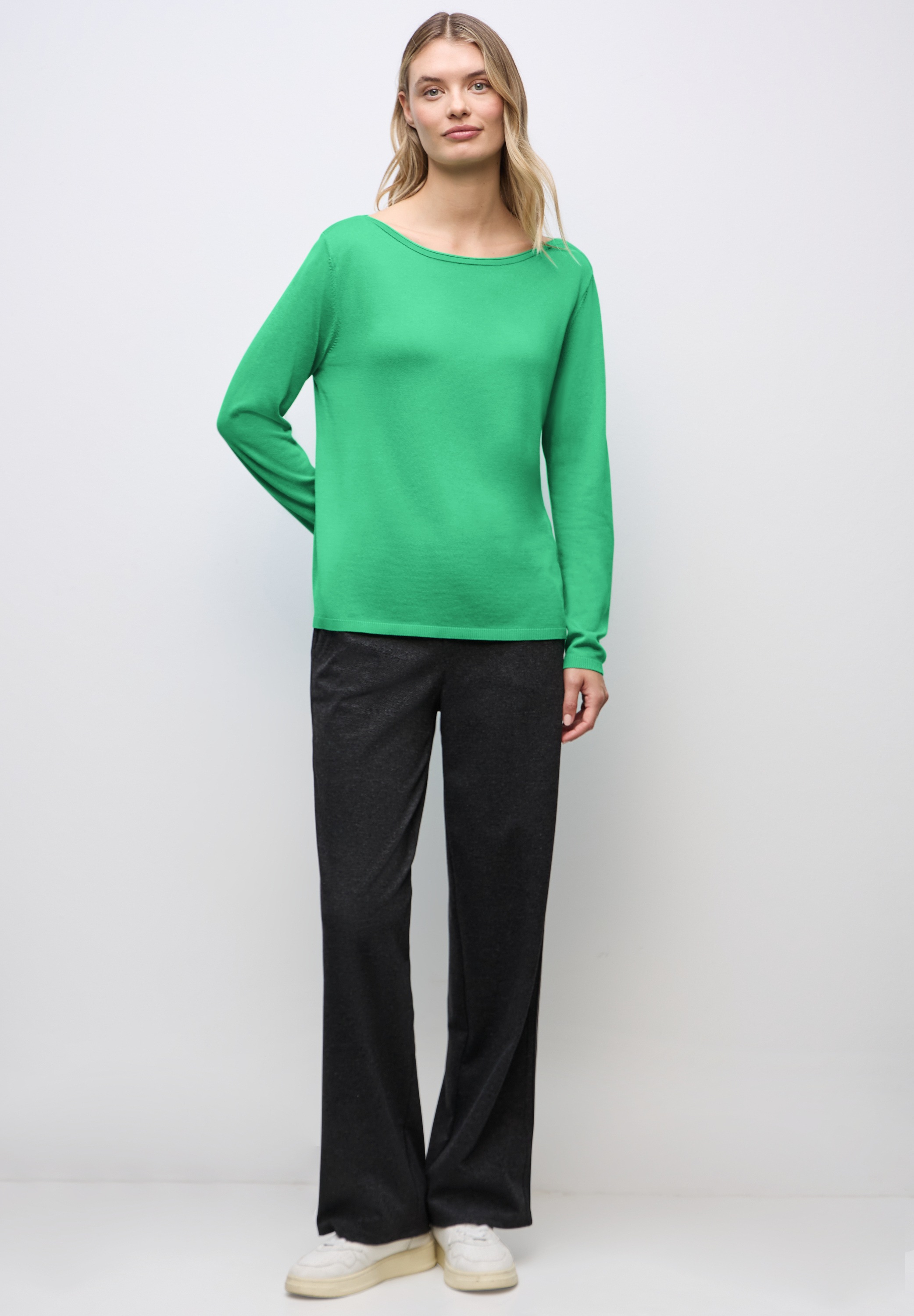 Strickpullover STREET ONE, Damen, Gr. 42, grün (tendril grün), Stoff, 60% Viskose, 40% Baumwolle, unifarben, normal normal, U-Boot-Ausschnitt, Bündchen, Pullover Strickpullover, mit U-Boot-Ausschnitt