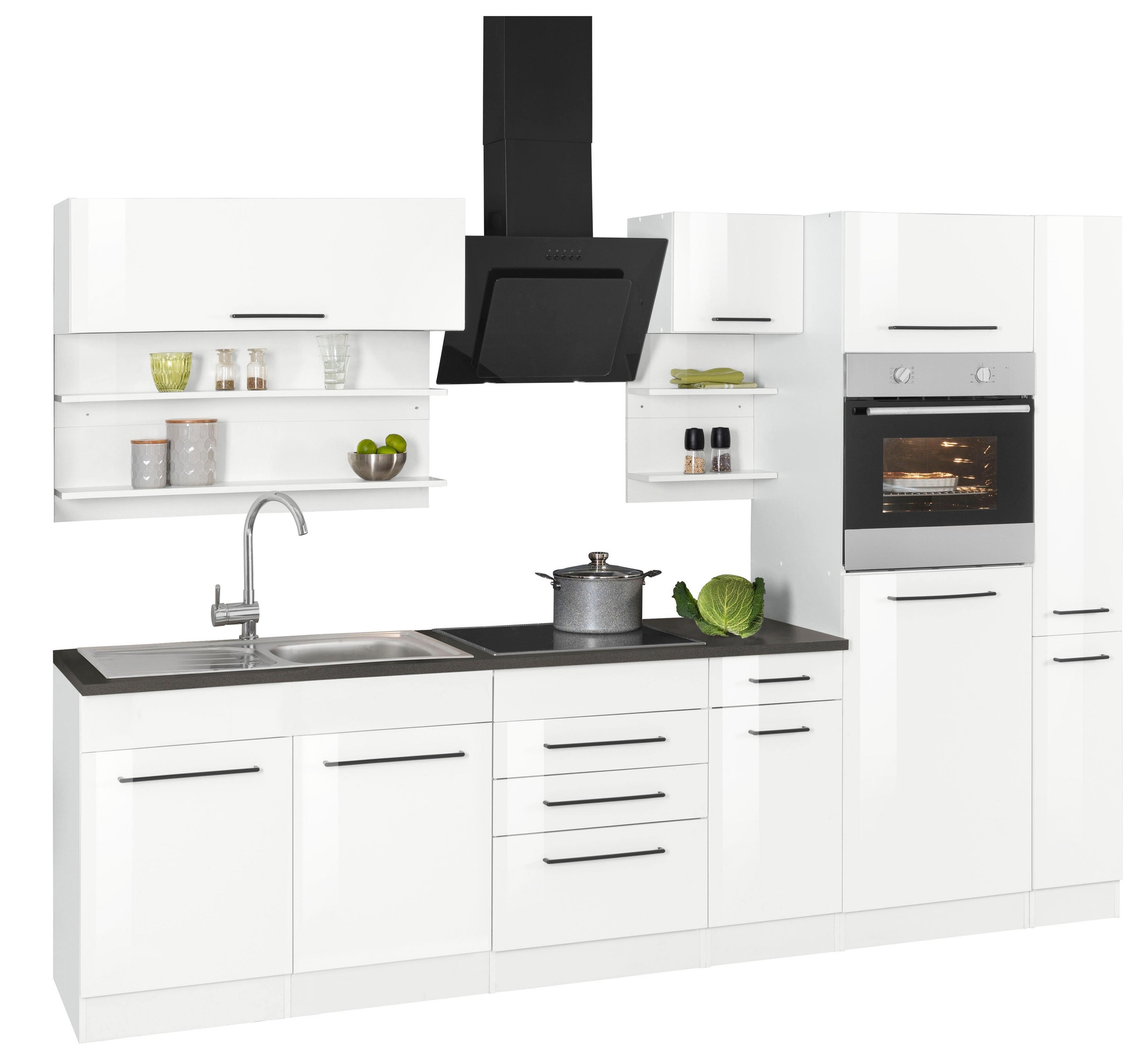 KOCHSTATION Küchenzeile »KS-Tulsa«, mit E-Geräten, Breite 300 cm, schwarze Metallgriffe, MDF Fronten