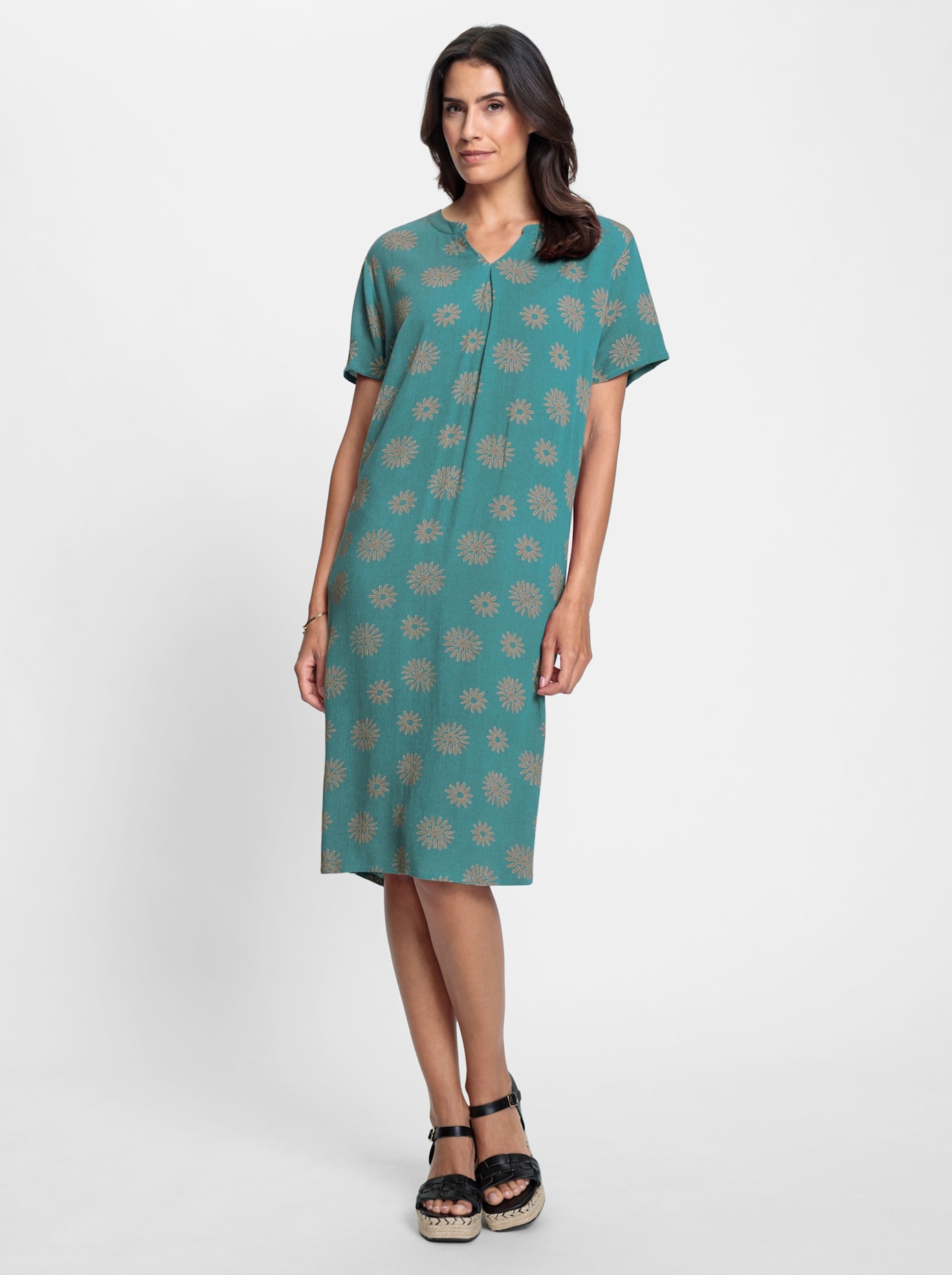 Sommerkleid INSPIRATIONEN "Druck-Kleid", Damen, Gr. 40, Normalgrößen, blau (ozean, sesam, bedruckt), 100% Viskose, gemustert, mehrfarbig, knielang, Rundhals, Kleider Sommerkleid